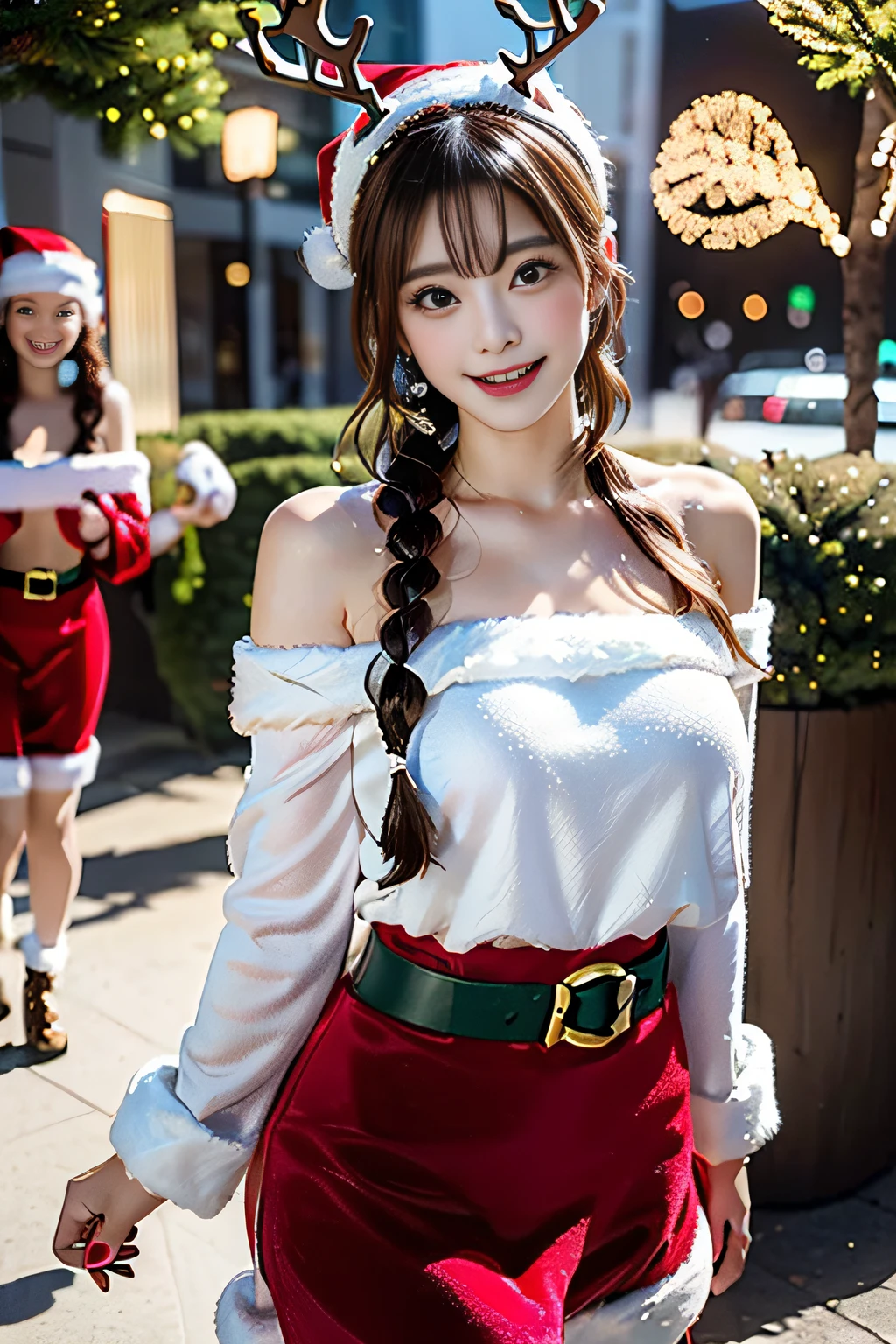 (((Gorgeous Christmas illuminations on street trees:1.3))),christmas tree night lighting,(((Wallpaper of two women enjoying Santa Claus cosplay and cute reindeer cosplay:1.3))),a miniskirt,(The white part of the costume looks like fluffy snow,The red part is made of luxurious velvet material.).off shoulder with sleeves,(Emphasis on large breasts:1.3),(Short hair with shiny silver and orange stripes,Ponytail twisted buns adorned with elaborate braids and beads,Braided Setup Fishbone Hair,),(Bangs are see-through bangs),with round face,An attractive woman with a natural smile and charming expression,Transparent skin,(The 8k quality,masutepiece,top-quality,Ultra-high resolution output image,),(Highly detailed raw photos:1.3),(Image Mode Ultra HD),
