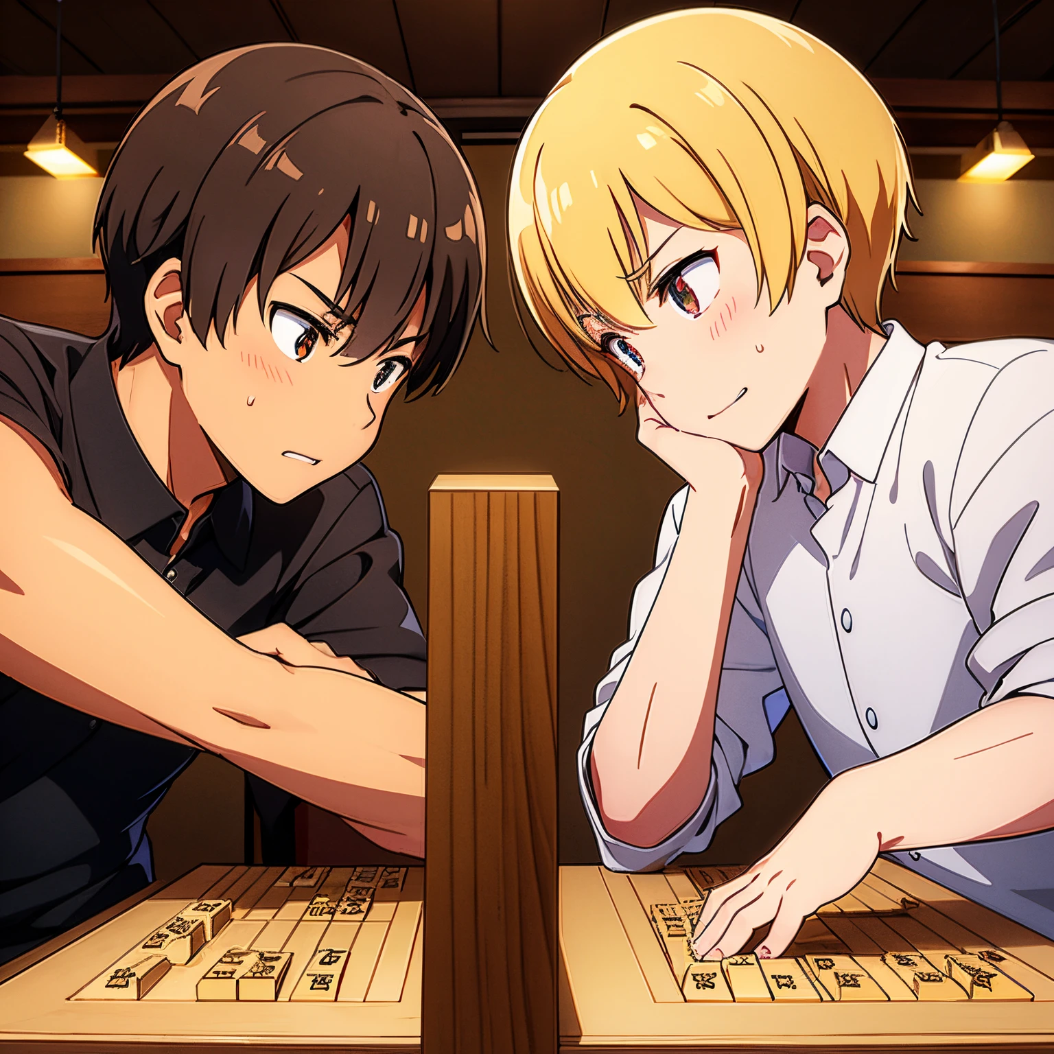 high-level image quality,4K,Shogi player,{Facing each other２Man Boy},Incandescent,hand that stops,calm thinking