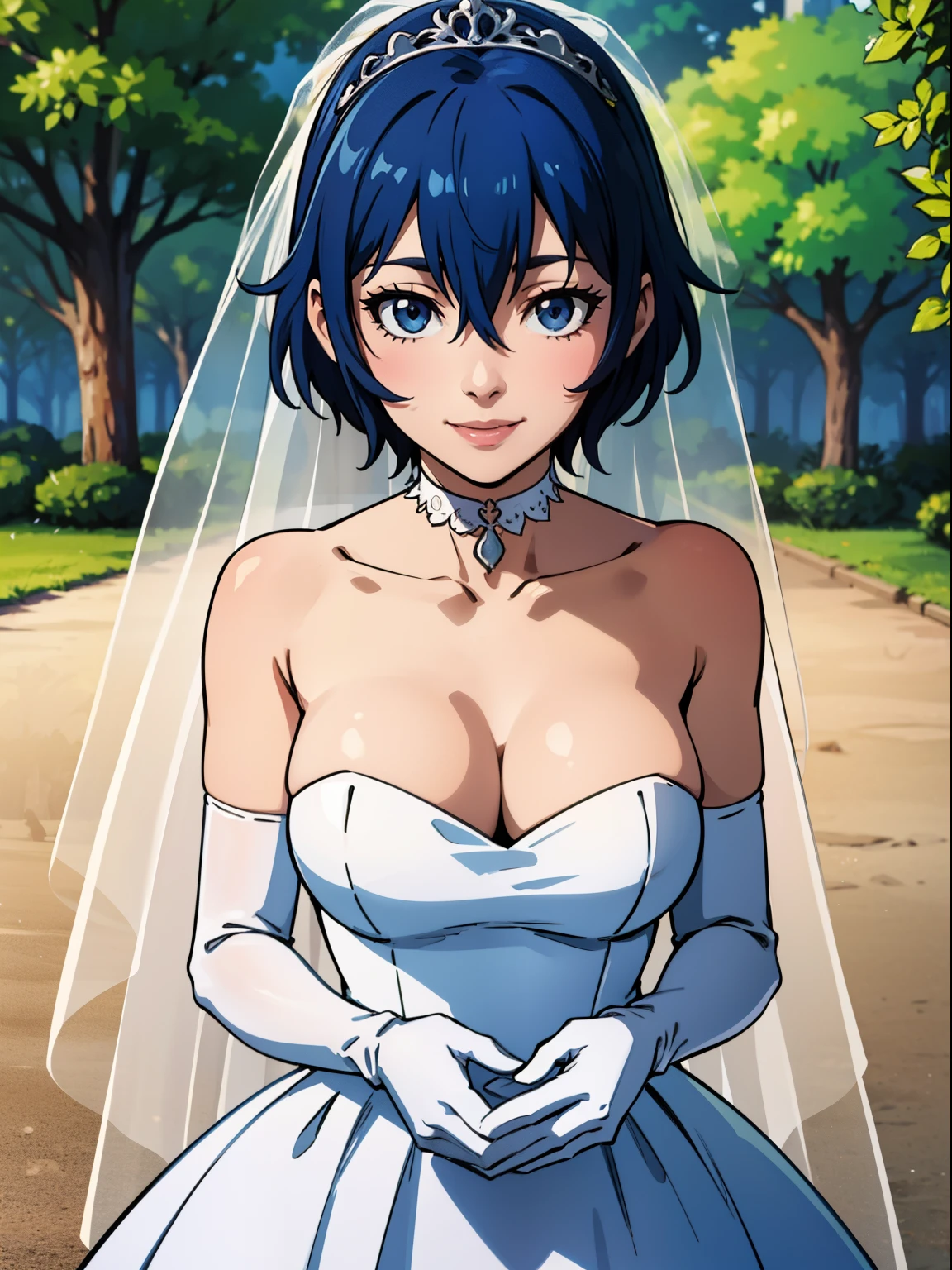 shiroganenaoto, blue hair, hair between eyes, ahoge, hair ornament, gloves, dress, cleavage, bare shoulders, collarbone, white oprea gloves, white gloves, white dress, strapless, white choker, tiara, veil, strapless dress, wedding dress, bridal veil, beautiful woman, perfect body, perfect breasts, wearing a wedding dress, ball gown, in the park trees, wedding decorations, looking at the viewer, smile, realism, masterpiece, textured skin, super detail, high detail, high quality, best quality, 1080p,