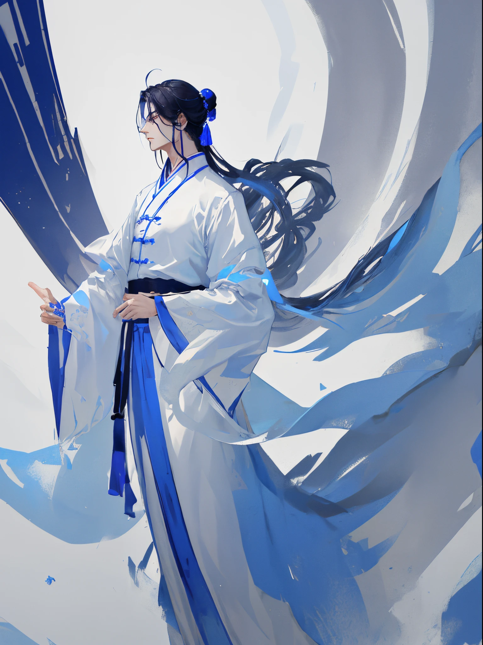 of a guy，Looks good，Tall and tall，Wearing traditional Chinese clothing with white and blue as the main colors，Side view HD masterpiece