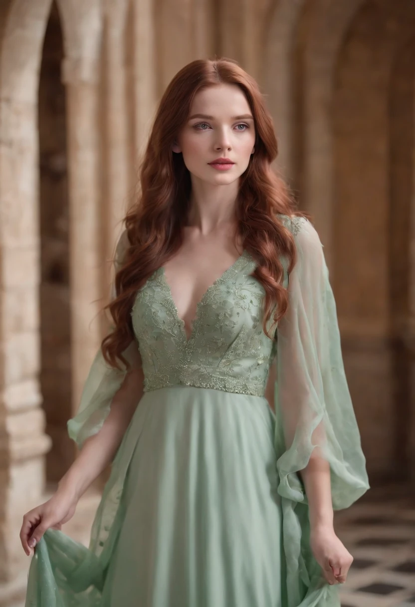 wavy long hair, red/brown hair, 1girl, emerald eyes, waving with five fingers, full body, pink lips, pastel green dress, in the castle hallway