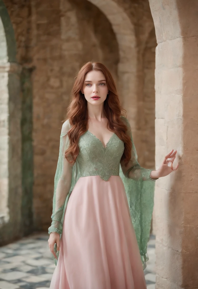 wavy long hair, red/brown hair, 1girl, emerald eyes, waving with five fingers, full body, pink lips, pastel green dress, in the castle hallway