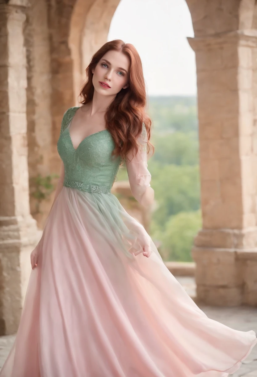 wavy long hair, red/brown hair, 1girl, emerald eyes, waving with five fingers, full body, pink lips, pastel green dress, in the castle hallway