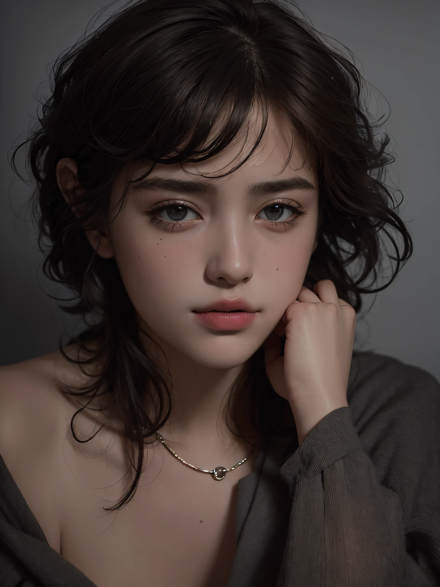 Best quality, masterpiece, ultra high res, (photorealistic:1.5), raw photo, 1girl, offshoulder, in the dark, deep shadow, low key, cold light, sexy look, short hair