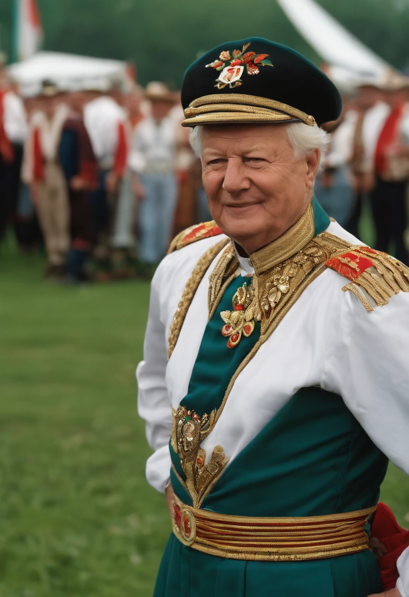 A photo of Yeltsin enthusiastically leading a traditional Russian dance at a local cultural festival.,The Russian Federation,Yeltsin was of average height, standing at around 5 feet 8 inches (173 cm) tall. He had a sturdy and somewhat stocky build, with a noticeable roundness to his figure.
Facial Features: Yeltsin had a round face with a prominent jawline. He had a fair complexion, often appearing flushed or rosy-cheeked, which was sometimes attributed to his drinking habits. His face was characterized by deep-set blue eyes that conveyed a sense of intensity and determination. Yeltsin had thinning gray hair, which he typically wore short.
Expressive Eyes: Yeltsin's eyes were often described as expressive and animated. They had a lively and sometimes piercing quality, reflecting his strong personality and passionate nature.
Attire: Yeltsin's fashion sense was known for being relatively casual and unassuming. He often appeared in public wearing business suits, typically in dark colors such as blue or gray. On more informal occasions, he would opt for less formal attire, occasionally wearing sweaters or sport coats.
Body Language: Yeltsin's body language was often described as energetic and dynamic. He had a tendency to gesticulate with his hands while speaking, emphasizing his points with animated gestures. Yeltsin's physical movements were often characterized by a sense of vigor and purpose, reflecting his assertive and active approach to politics.
Over the years, the effects of aging became more apparent in Yeltsin's appearance. As he served multiple terms as President of Russia, his hair continued to gray, and wrinkles became more prominent. These signs of aging were often mentioned in media portrayals of Yeltsin during his later years in office.
Yeltsin's body language was often described as dynamic and active. He would often move around the stage or podium while speaking, using his gestures and physical movements to engage the audience. Yeltsin's body language conveyed a sense of urgency and purpose, reflecting his determination to bring about change.