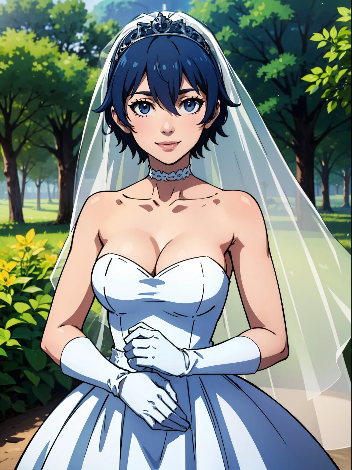 shiroganenaoto, blue hair, hair between eyes, ahoge, hair ornament, gloves, dress, cleavage, bare shoulders, collarbone, white oprea gloves, white gloves, white dress, strapless, white choker, tiara, veil, strapless dress, wedding dress, bridal veil, beautiful woman, perfect body, perfect breasts, wearing a wedding dress, ball gown, in the park trees, wedding decorations, looking at the viewer, smile, realism, masterpiece, textured skin, super detail, high detail, high quality, best quality, 1080p,