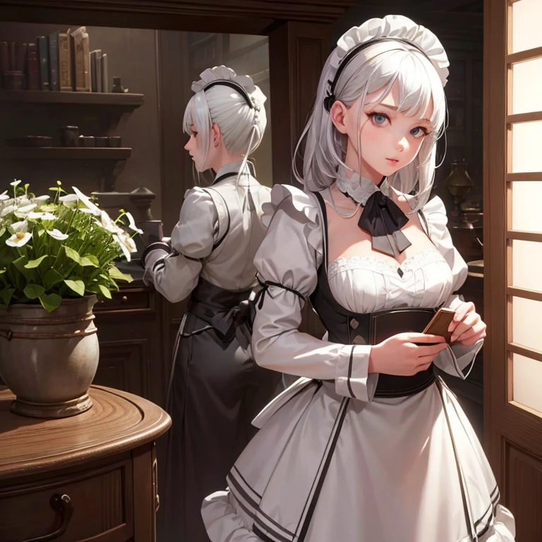 A girl in a garden,white hair,maid costume,grey white eyes,bookshelf in the background,holding a ledger,highres,ultra-detailed,realistic,photorealistic,vivid colors,studio lighting.