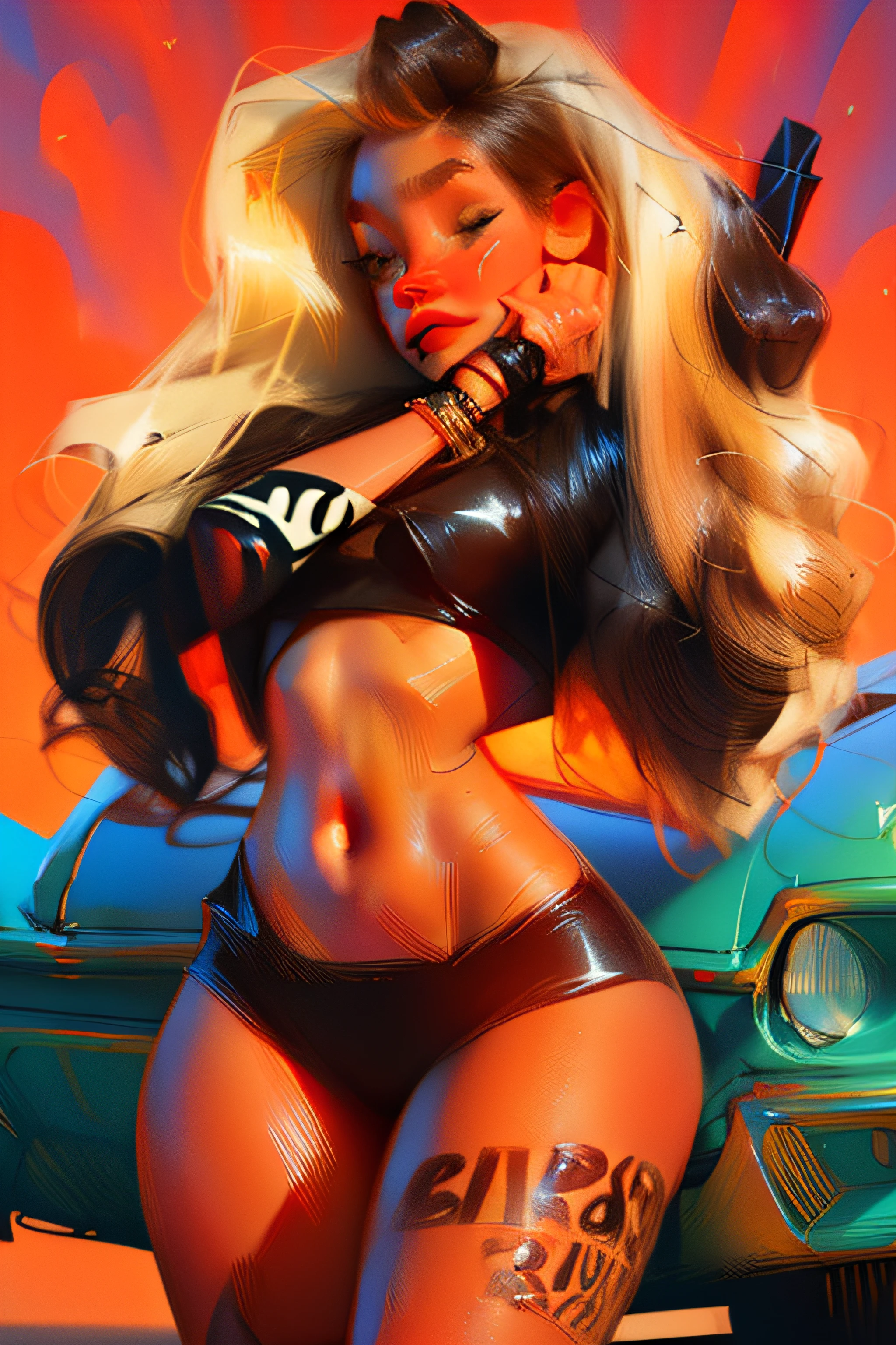 Chicano lettering,Chicano girl,lowrider,Mexico,Sexy Woman,long wave hair,a blond,Profile