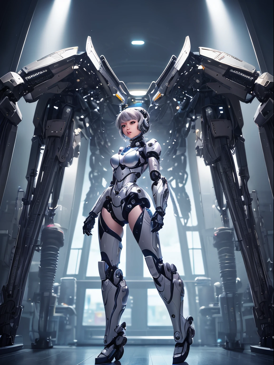 tmasterpiece, high high quality, A high resolution, high textured, 8K, HighDynamicRange，Mechanical style，white theme，(1 cyborg Lolita，anatomy correct，full bodyesbian，standing on your feet，Front view，Woman in futuristic outfit, Beautiful and complex robot character design, Beautiful and charming cyborg Lolita, White biomechanical parts，Chromium biomechanical parts, Beautiful cyborg Lolita，Super delicate female robot, Intricate robots, Neo-futurism with high detail , Biomechanics and complexes, Beautiful Lolita robot, futuristic robot angel, beautiful cyborg angel girl)，Facing the audience，reasonable design，digital illustrations，复杂，Uptrend，pastel colour，award winning photography，hdr，blooms，color difference，真实感，The is very detailed，复杂，high detal，dramatics，Midjourney Art, Portrait