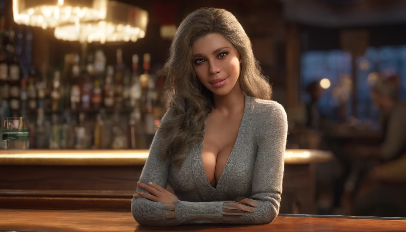 8K, Best quality at best, Real photos, Realistic details, Clear face, exquisite facial features, True skin radiance, A cute girl, the shy, facing at the camera, Girl wearing gray fishnet sweater and tight denim sitting at bar, clear bar background, seaview, arms on bar counter, glute, slim, Large breasts, 24 years of age, big breasts enchanting, Seductive eye