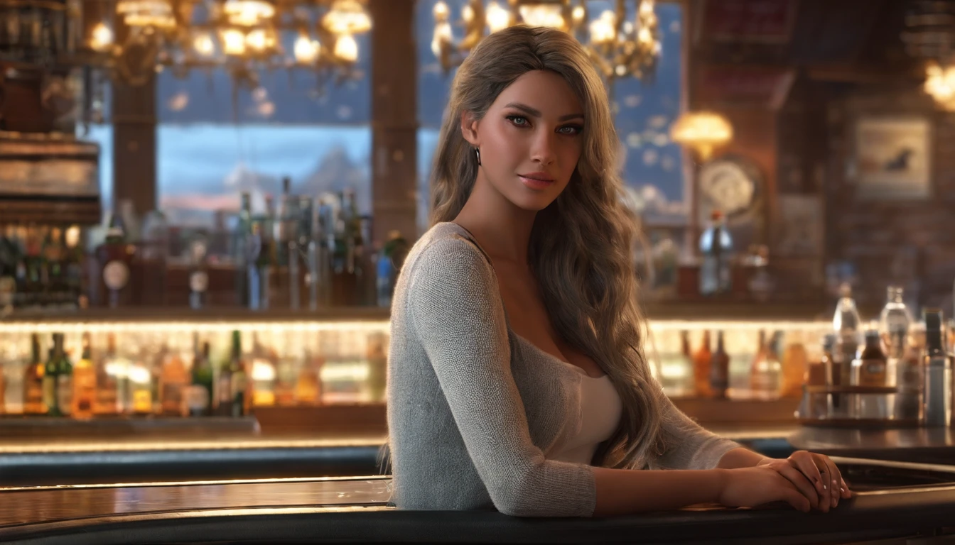 8K, Best quality at best, Real photos, Realistic details, Clear face, exquisite facial features, True skin radiance, A cute girl, the shy, facing at the camera, Girl wearing gray fishnet sweater and tight denim sitting at bar, clear bar background, seaview, arms on bar counter, glute, slim, Large breasts, 24 years of age, big breasts enchanting, Seductive eye