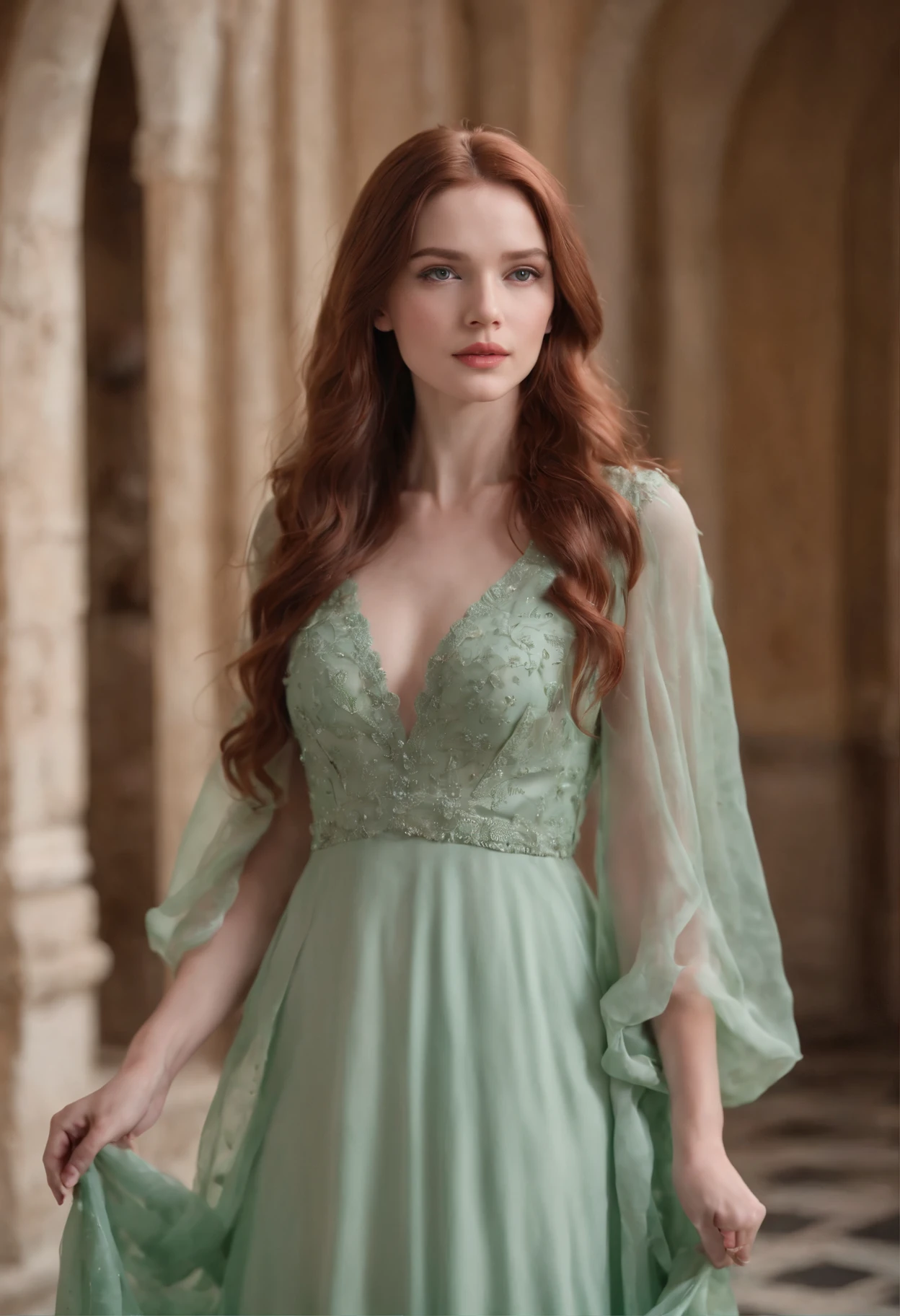 wavy long hair, red/brown hair, 1girl, emerald eyes, waving with five fingers, full body, pink lips, pastel green dress, in the castle hallway