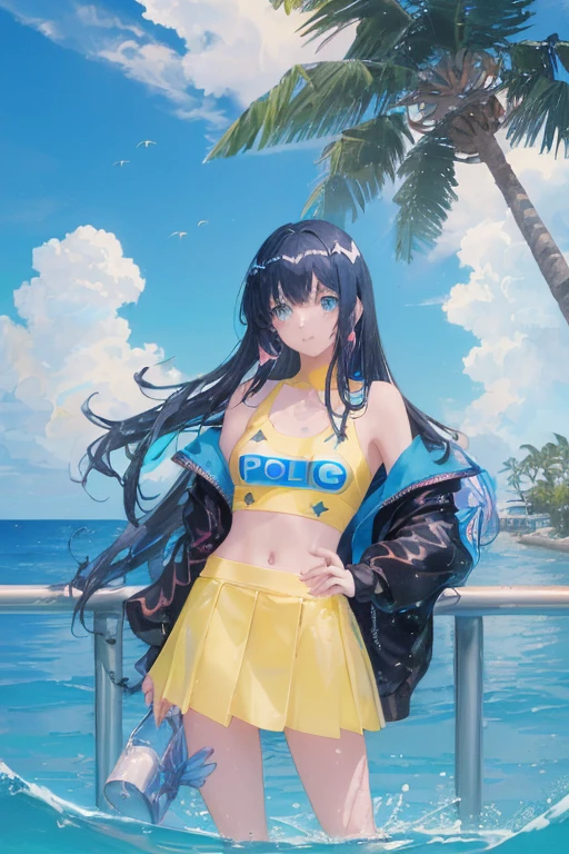 dreamy, (A beautiful, teenaged, anime-style girl with blue eyes and long, black hair, wearing a pale yellow, shiny, long-sleeved, open-chest, long skirt swimming suit with a pink, white, and yellow, heart on it is posing with her hands on her hips, in city and a bright, blue sky with clouds in it, there are palm trees in the background on both sides of the picture, and there are lots of blue and yellow fish swimming in the ocean, and there is a police helicopter with lights on it flying over the girl)