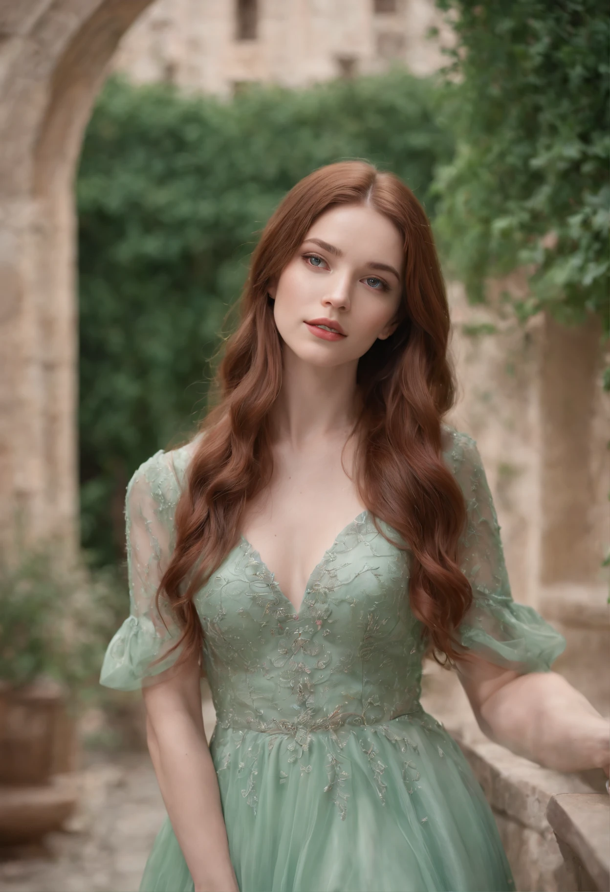 wavy long hair, red/brown hair, 1girl, emerald eyes, waving with five fingers, full body, pink lips, pastel green dress, in the castle hallway
