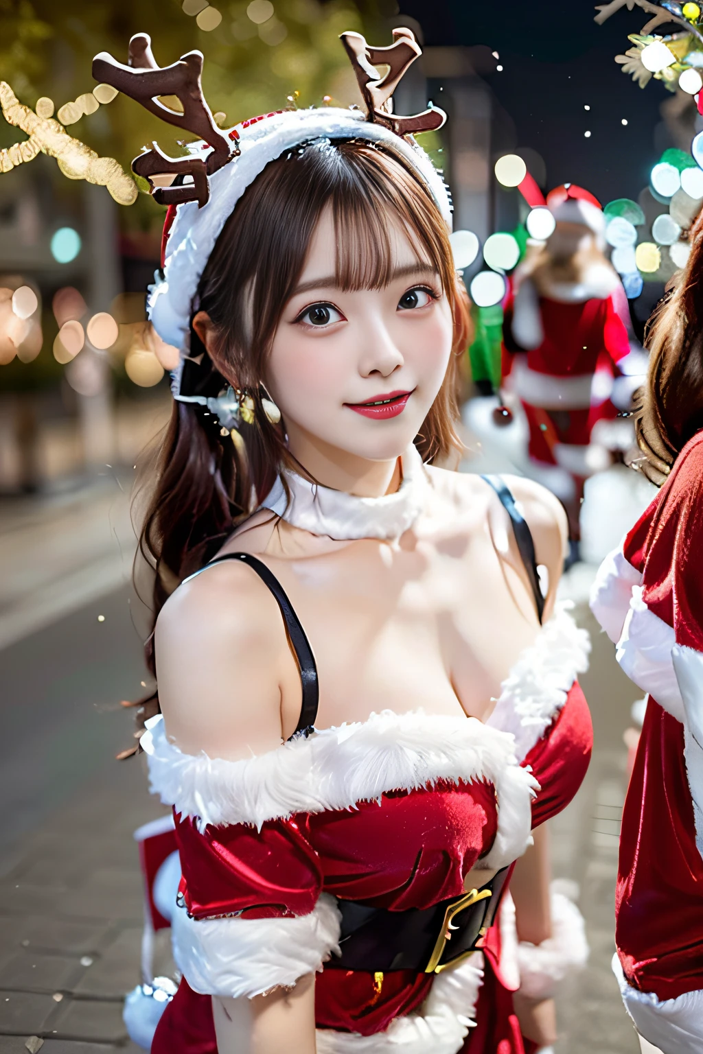 (((Gorgeous Christmas illuminations on street trees:1.3))),christmas tree night lighting,(((Wallpaper of two women enjoying Santa Claus cosplay and cute reindeer cosplay:1.3))),a miniskirt,(The white part of the costume looks like fluffy snow,The red part is made of luxurious velvet material.).off shoulder with sleeves,(Emphasis on large breasts:1.3),(Short hair with shiny silver and orange stripes,Ponytail twisted buns adorned with elaborate braids and beads,Braided Setup Fishbone Hair,),(Bangs are see-through bangs),with round face,An attractive woman with a natural smile and charming expression,Transparent skin,(The 8k quality,masutepiece,top-quality,Ultra-high resolution output image,),(Highly detailed raw photos:1.3),(Image Mode Ultra HD),