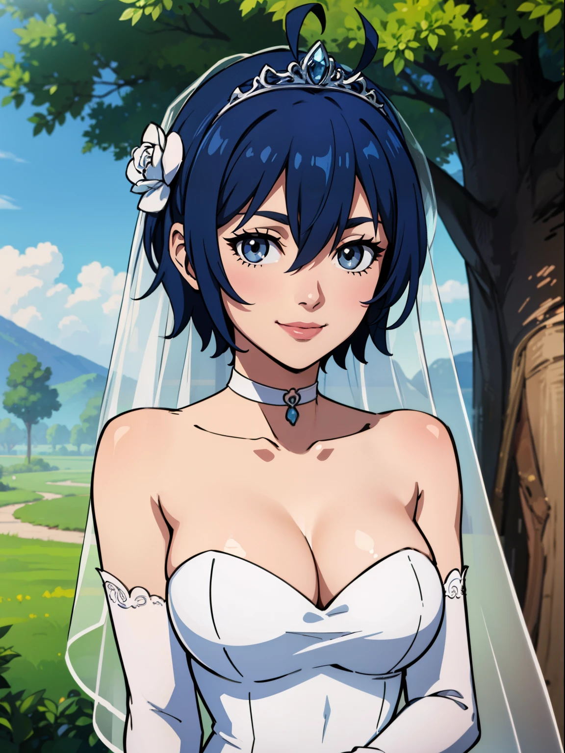 shiroganenaoto, blue hair, grey eyes, hair between eyes, ahoge, hair ornament, gloves, dress, cleavage, bare shoulders, collarbone, white oprea gloves, white gloves, white dress, strapless, white choker, tiara, veil, strapless dress, wedding dress, bridal veil, beautiful woman, perfect body, perfect breasts, wearing a wedding dress, ball gown, in the park trees, wedding decorations, looking at the viewer, smile, realism, masterpiece, textured skin, super detail, high detail, high quality, best quality, 1080p,