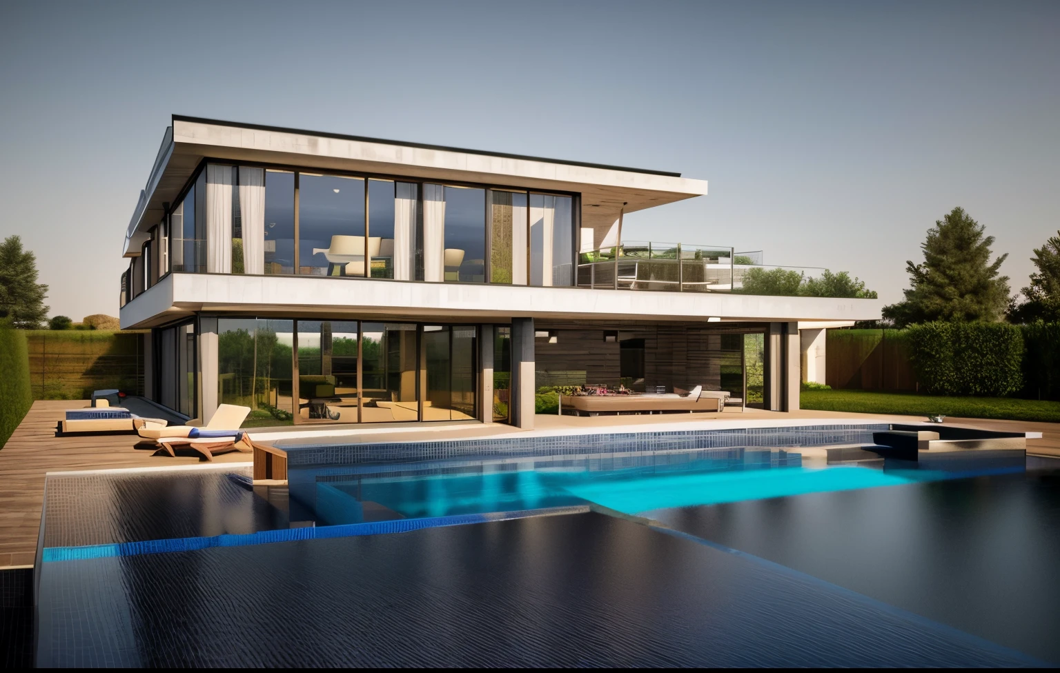 a modern villa with a swimming pool, realistic photo, 3d render