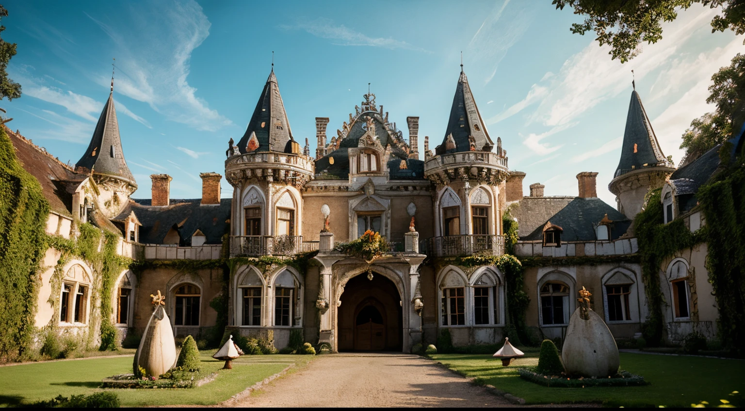entrance crumbling rococo castle surrounded by garden of giant fantasy mushrooms, rim light, highly detailed, award winning photo, 4k,
