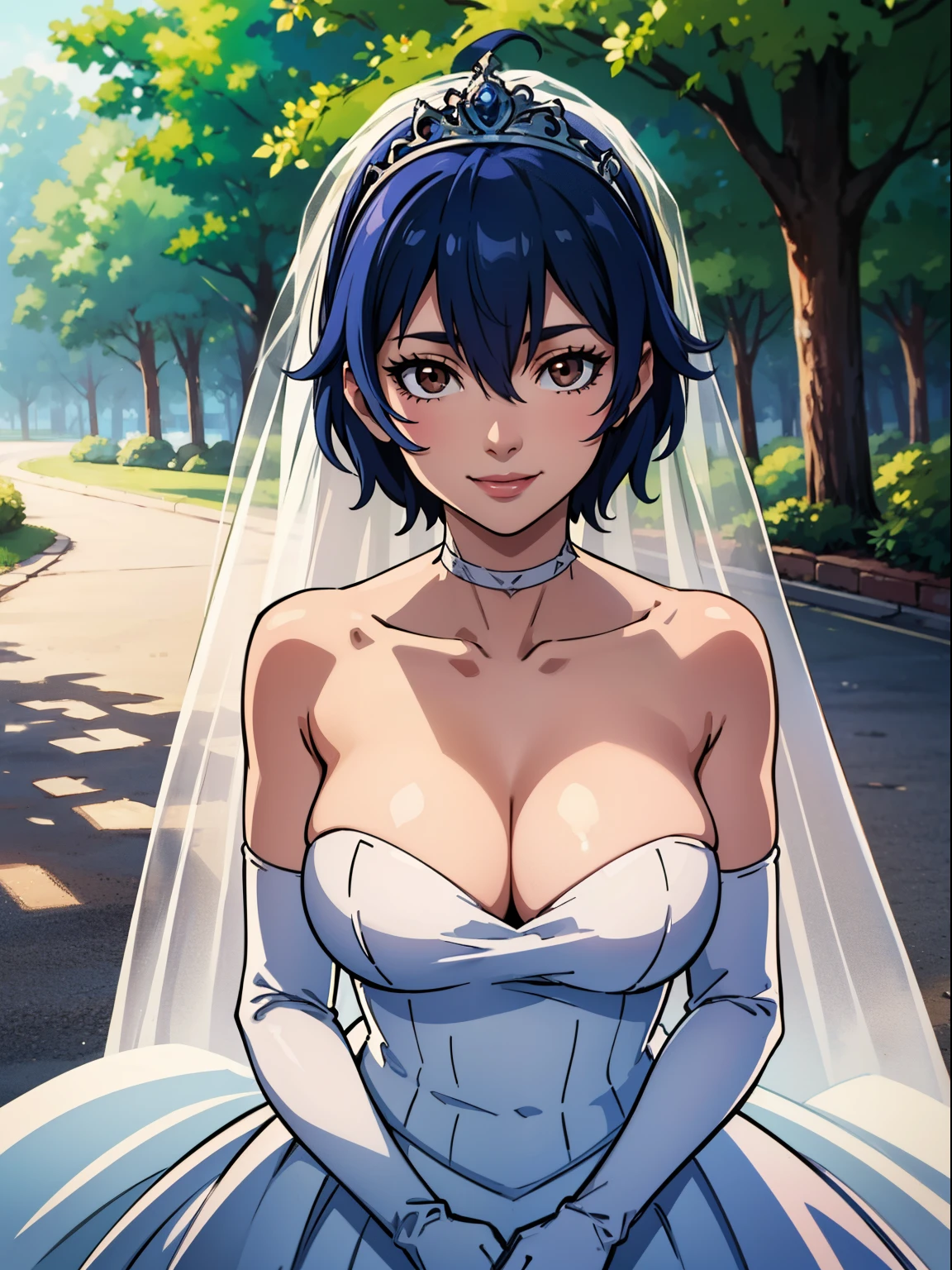 shiroganenaoto, blue hair, brown eyes, hair between eyes, ahoge, hair ornament, gloves, dress, cleavage, bare shoulders, collarbone, white oprea gloves, white gloves, white dress, strapless, white choker, tiara, veil, strapless dress, wedding dress, bridal veil, beautiful woman, perfect body, perfect breasts, wearing a wedding dress, ball gown, in the park trees, wedding decorations, looking at the viewer, smile, realism, masterpiece, textured skin, super detail, high detail, high quality, best quality, 1080p,