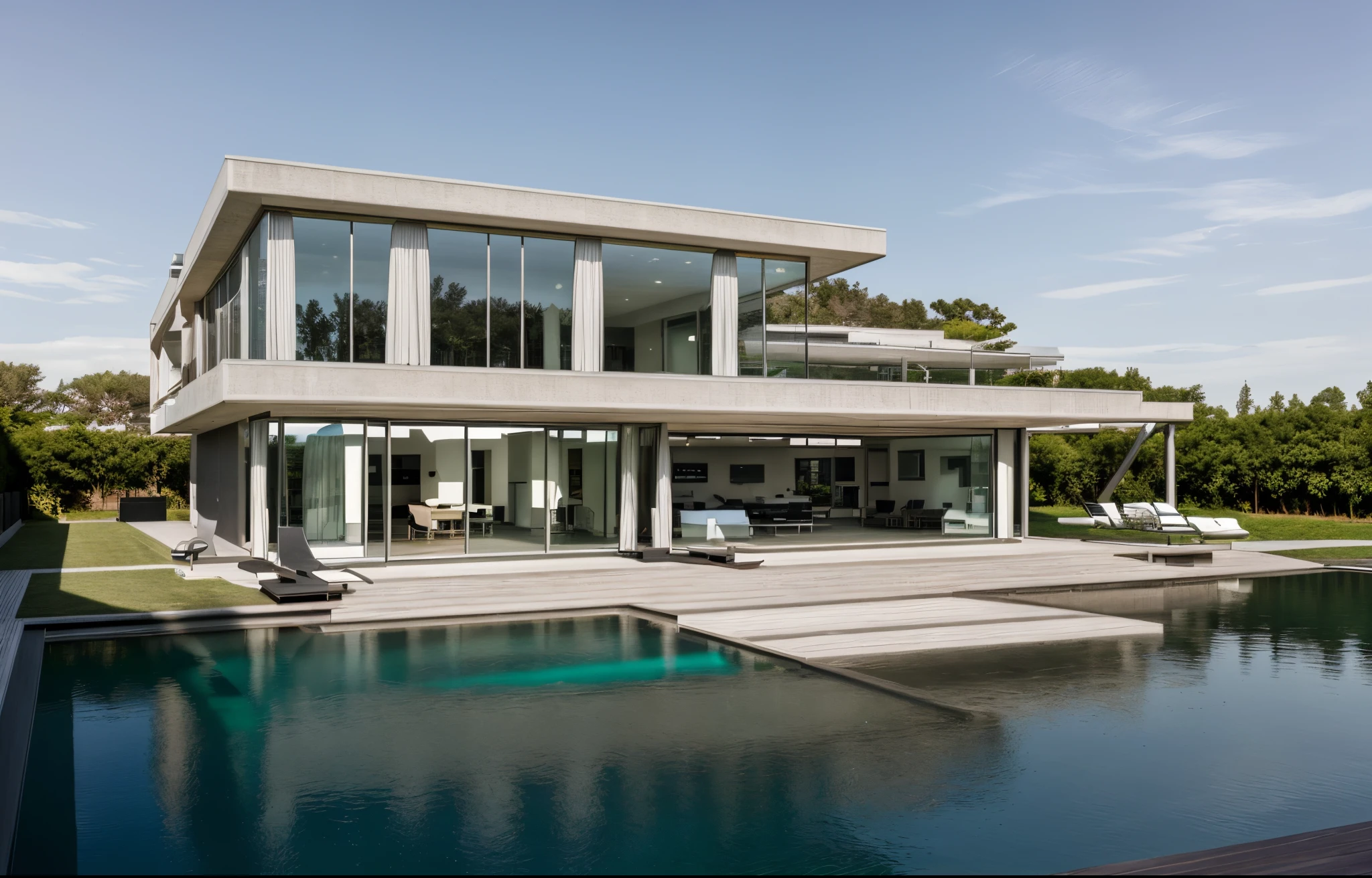 A modern villa is a chic and functional residence, featuring clean lines, large windows, and an open layout. Constructed with materials like glass and steel, it seamlessly integrates indoor and outdoor spaces. The interior is characterized by a minimalist design, open floor plans, and high-tech amenities. A key highlight is the inclusion of a stylish swimming pool, enhancing the overall luxurious ambiance, realistic photo, 3d render