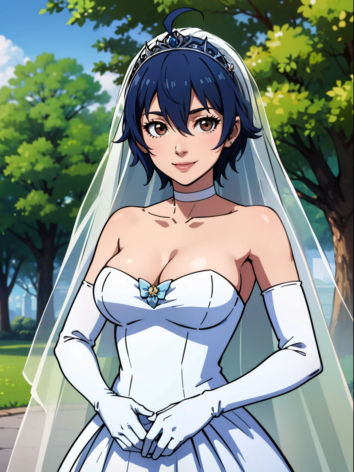 shiroganenaoto, blue hair, brown eyes, hair between eyes, ahoge, hair ornament, gloves, dress, cleavage, bare shoulders, collarbone, white oprea gloves, white gloves, white dress, strapless, white choker, tiara, veil, strapless dress, wedding dress, bridal veil, beautiful woman, perfect body, perfect breasts, wearing a wedding dress, ball gown, in the park trees, wedding decorations, looking at the viewer, smile, realism, masterpiece, textured skin, super detail, high detail, high quality, best quality, 1080p,