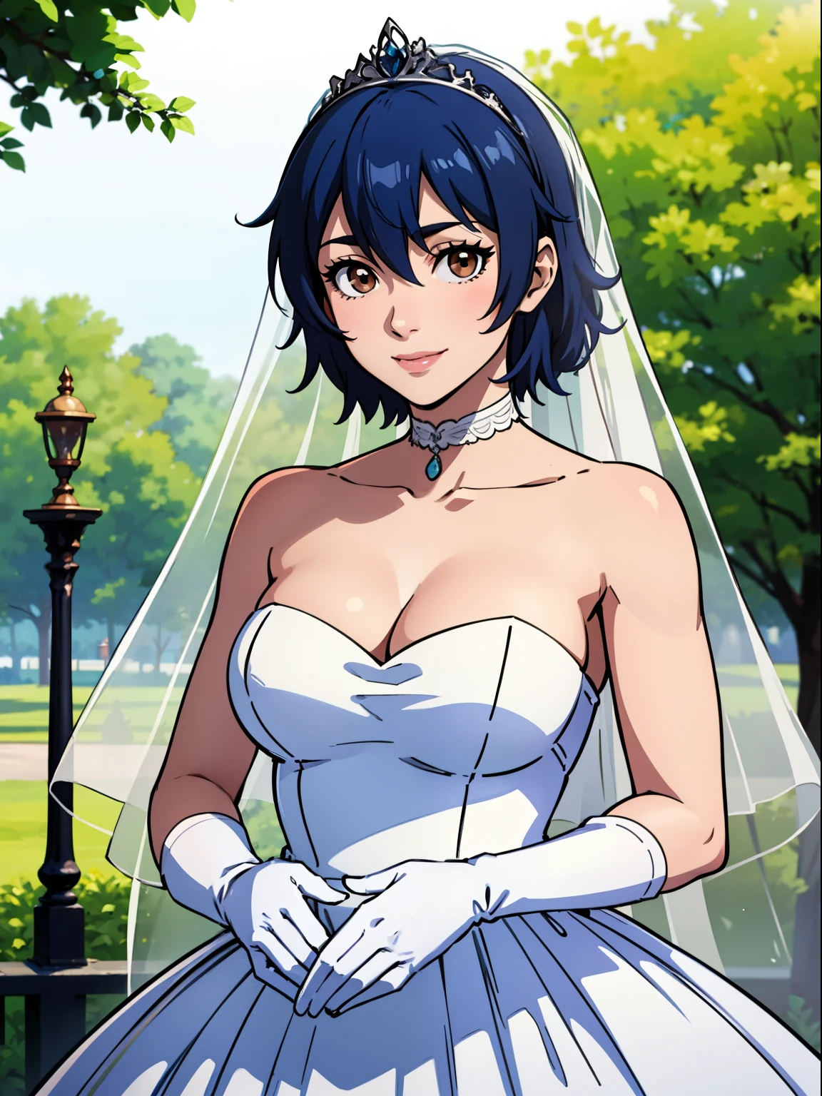 shiroganenaoto, blue hair, brown eyes, hair between eyes, ahoge, hair ornament, gloves, dress, cleavage, bare shoulders, collarbone, white oprea gloves, white gloves, white dress, strapless, white choker, tiara, veil, strapless dress, wedding dress, bridal veil, beautiful woman, perfect body, perfect breasts, wearing a wedding dress, ball gown, in the park trees, wedding decorations, looking at the viewer, smile, realism, masterpiece, textured skin, super detail, high detail, high quality, best quality, 1080p,