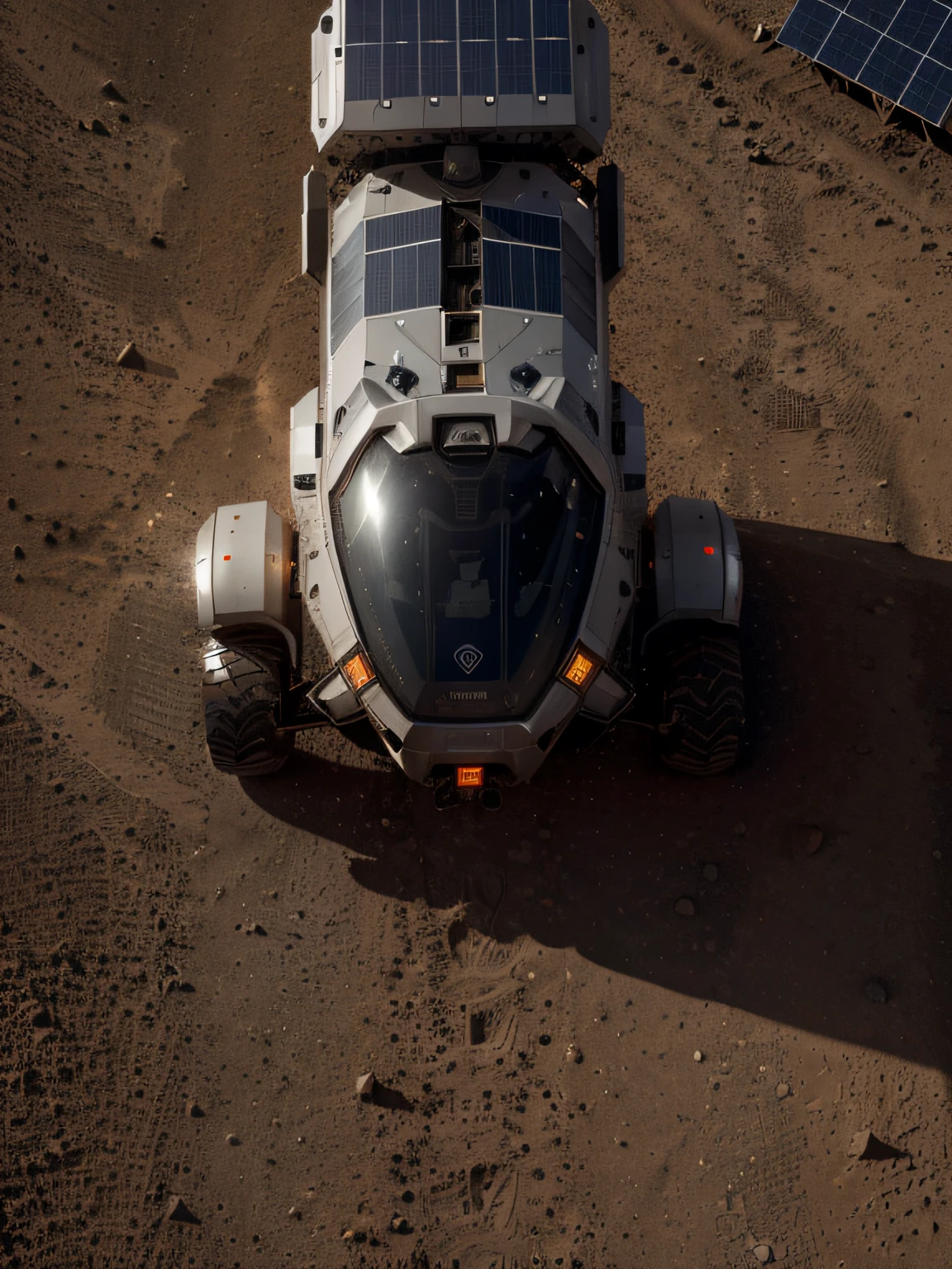 On Mars, a huge cutting-edge machine is at work. Metallic glossy texture, solar panels, astronauts distributed on the Mars ground. Bright picture, robot, starry sky, daytime, exploring vehicle details, super wide angle, bird's eye view, high realism, light and dark