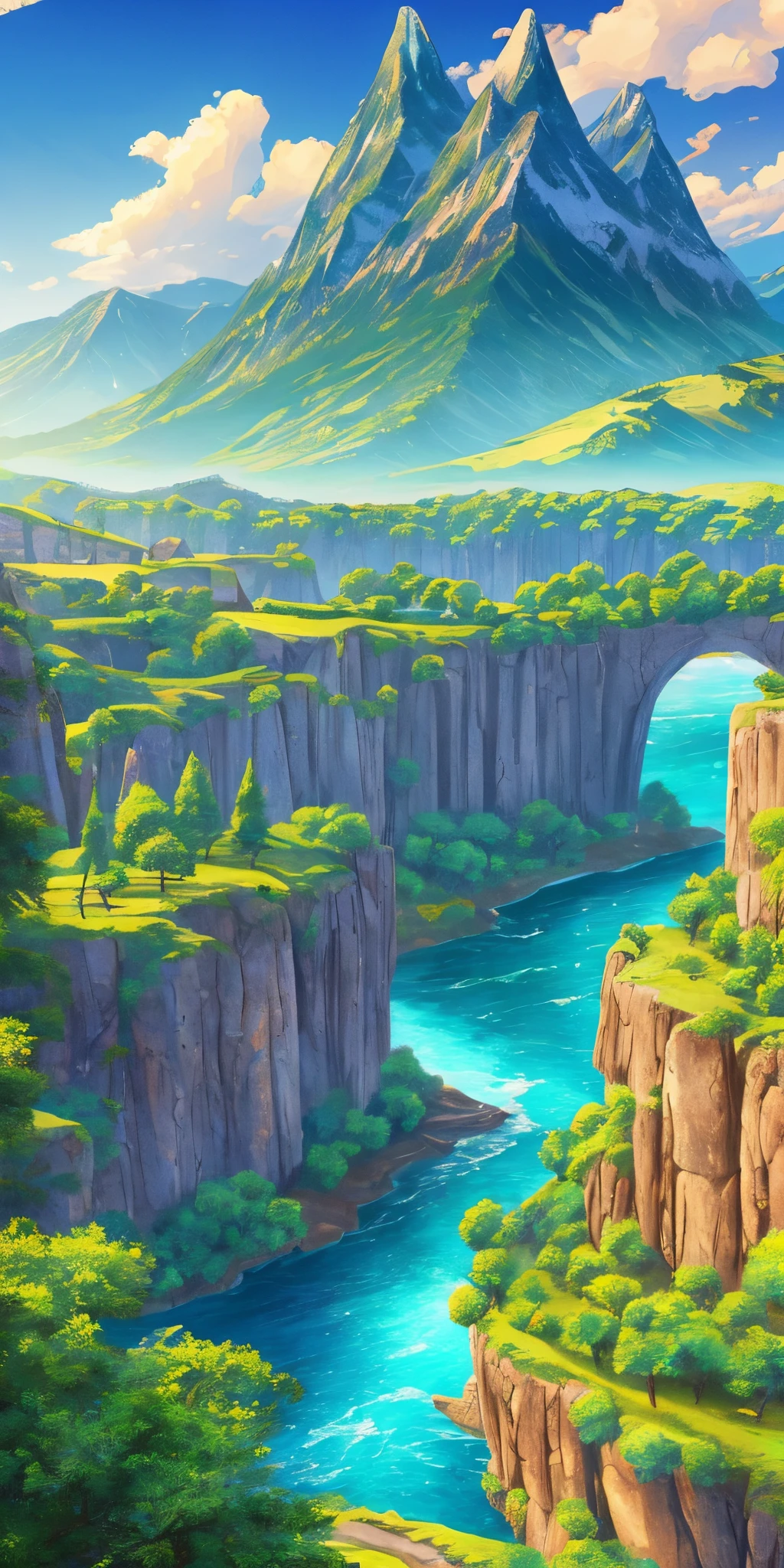 the background should feature mountains, green trees, clouds in the sky, and a big ancient tree by the river. The style should be hyper-realistic with colorful shades of blue and green. The resolution should be 4k --auto --s2