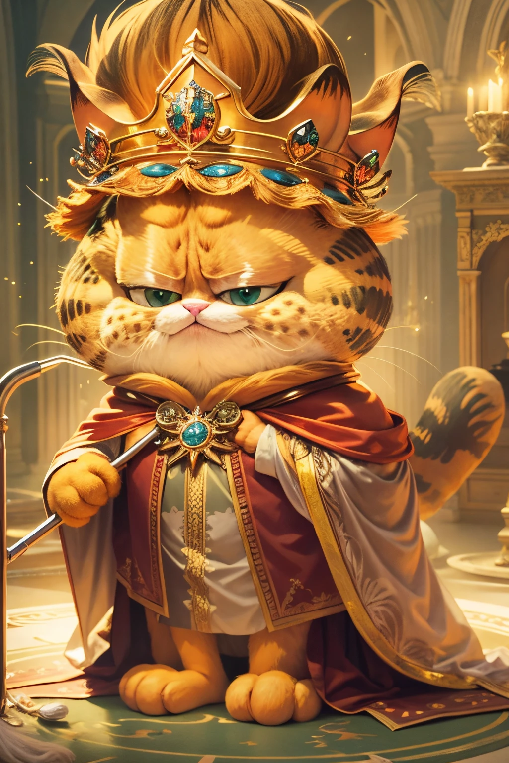 1 Garfield cat dressed as a king，tiara crown，Cloak，jewely，crutch，smile in surprise，garfield