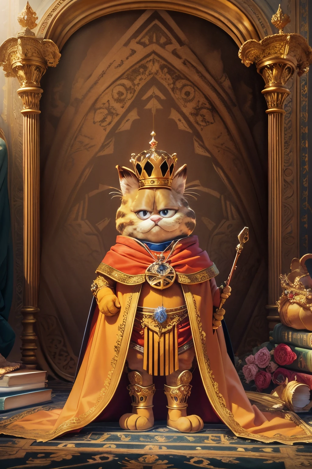 1 Garfield cat dressed as a king，tiara crown，Cloak，jewely，crutch，smile in surprise，garfield