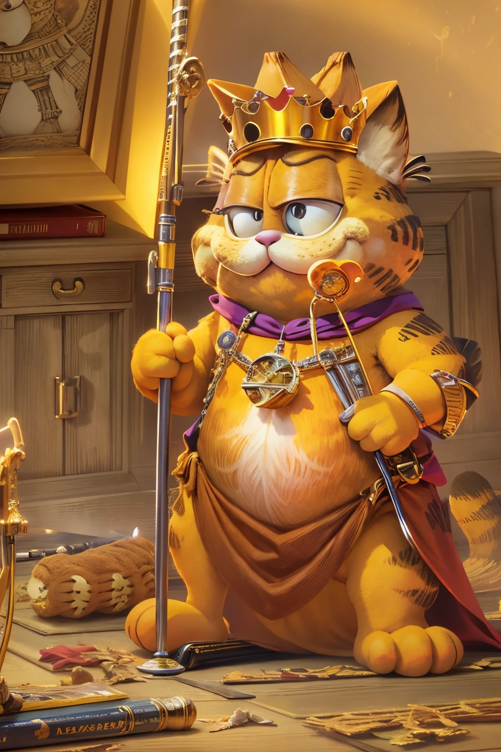 (Garfield)It&#39;s a comic series《Garfield》and characters appearing in its derivative works，(1 Garfield cat dressed as a king，tiara crown，Cloak，jewely，crutch，smile in surprise)