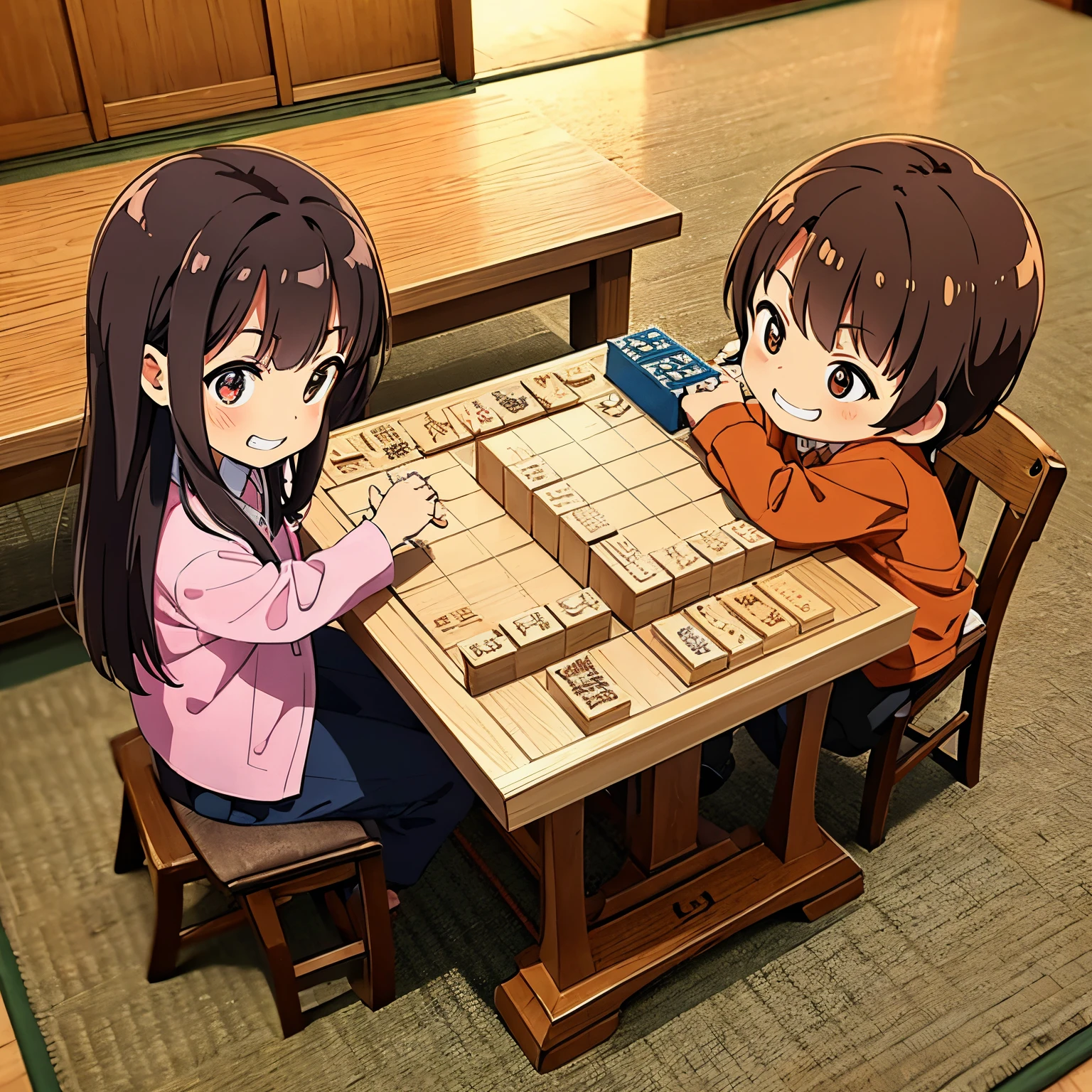 high-level image quality,4K,Shogi player,{Facing each other２small child},Incandescent,hand that stops,calm thinking,Grinning