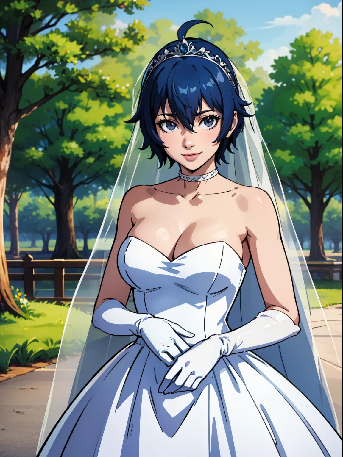 shiroganenaoto, blue hair, hair between eyes, ahoge, hair ornament, gloves, dress, cleavage, bare shoulders, collarbone, white oprea gloves, white gloves, white dress, strapless, white choker, tiara, veil, strapless dress, wedding dress, bridal veil, beautiful woman, perfect body, perfect breasts, wearing a wedding dress, ball gown, in the park trees, wedding decorations, looking at the viewer, smile, realism, masterpiece, textured skin, super detail, high detail, high quality, best quality, 1080p,