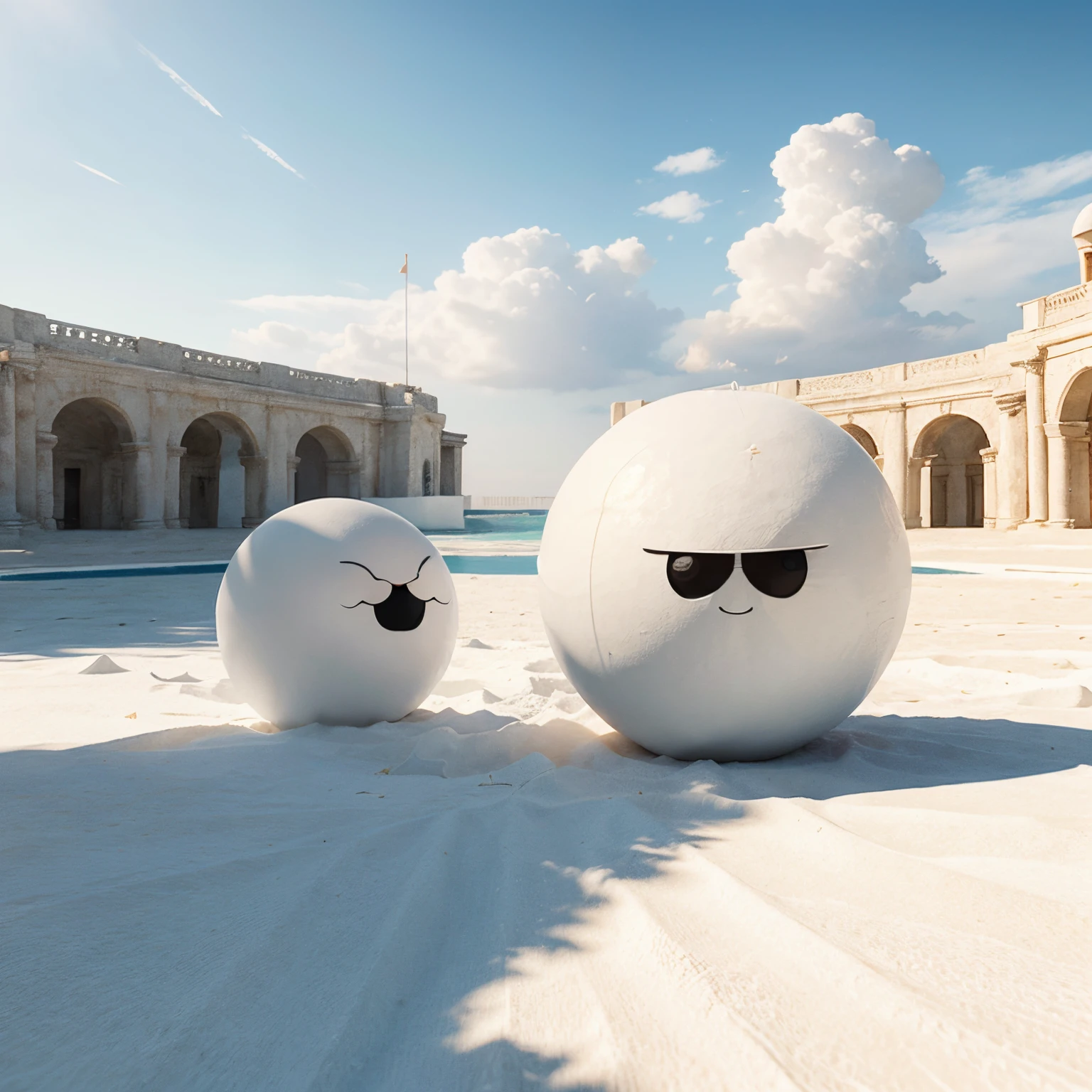 2 Countryballs with a white flag, on a white palace background, 2d art, hd, 8k, realistic
