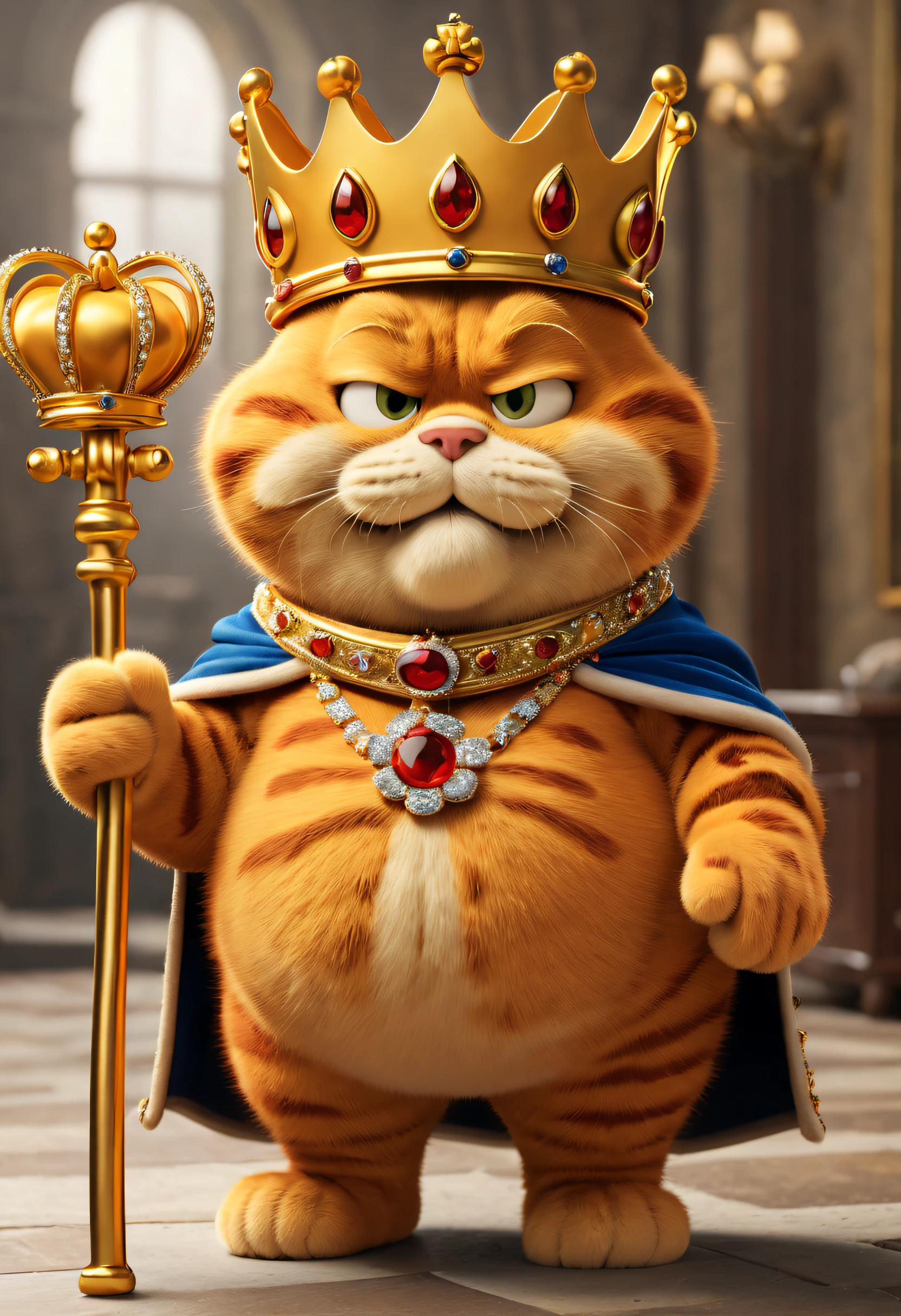 (Garfield)It&#39;s a serialized comic series《Garfield》and characters appearing in its derivative works，((A fat orange one(Garfield)dress up as king，tiara crown，Cloak，jewely，crutch，smile in surprise))