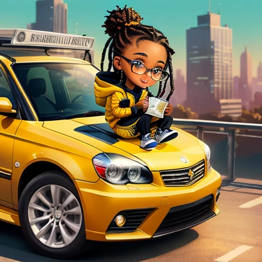 Create an illustration of a beautiful African American teenager, wearing a yellow stylish luxury sweat suit with stylish matching yellow Jordan's, glamorous luxury jewelry, long black faux locks, black rimmed glasses, sitting on the bumper of a orange beamer, with license plates that reads "Redd". with money falling in the background, with an urban cityscape, this is a digital illustration with a shimmer glitter gloss effect, boijie, divacore, pop art, bratts doll, chibi, 32k UHD