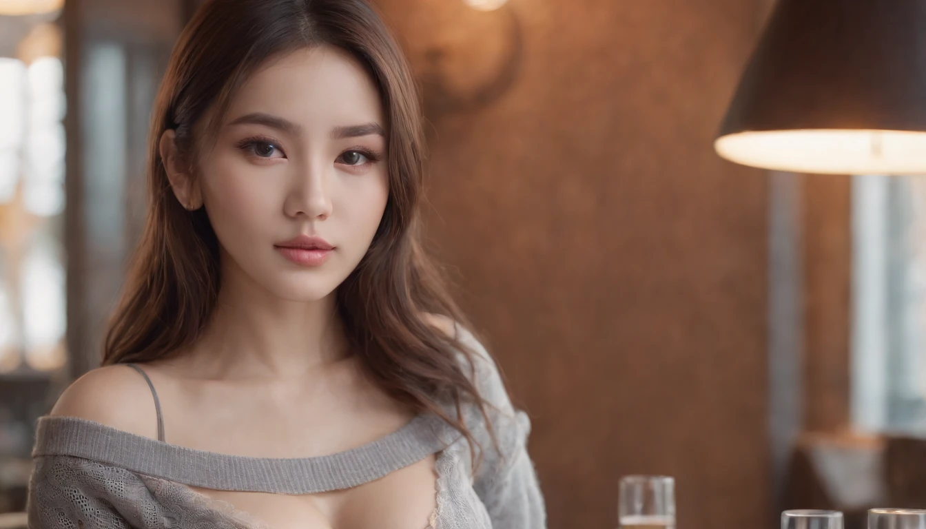 8K, Best quality at best, Real photos, Realistic details, Clear face, exquisite facial features, True skin radiance, A cute girl,Asians, the shy, facing at the camera, Girl wearing gray fishnet sweater and tight denim sitting at bar, clear bar background, seaview, arms on bar counter, glute, slim, Large breasts, 18yr old, big breasts enchanting, Seductive eye