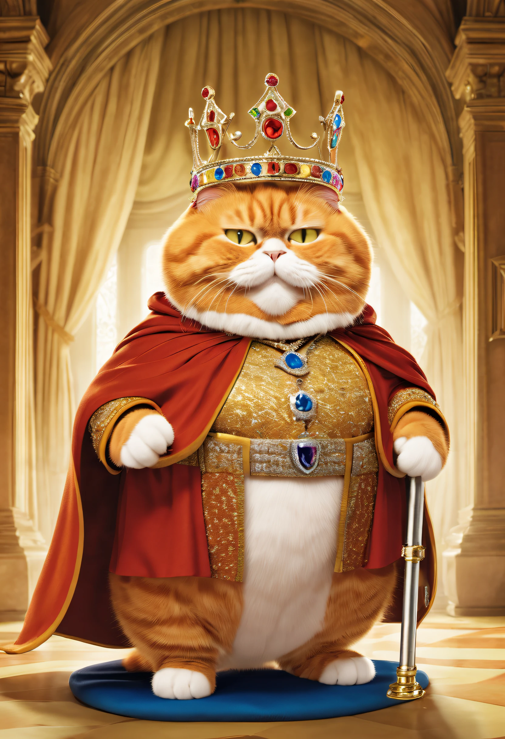 (Garfield)It&#39;s a serialized comic series《Garfield》and characters appearing in its derivative works，(((A fat orange Garfield cat dressed as a king，tiara crown，Cloak，jewely，crutch，smile in surprise)))