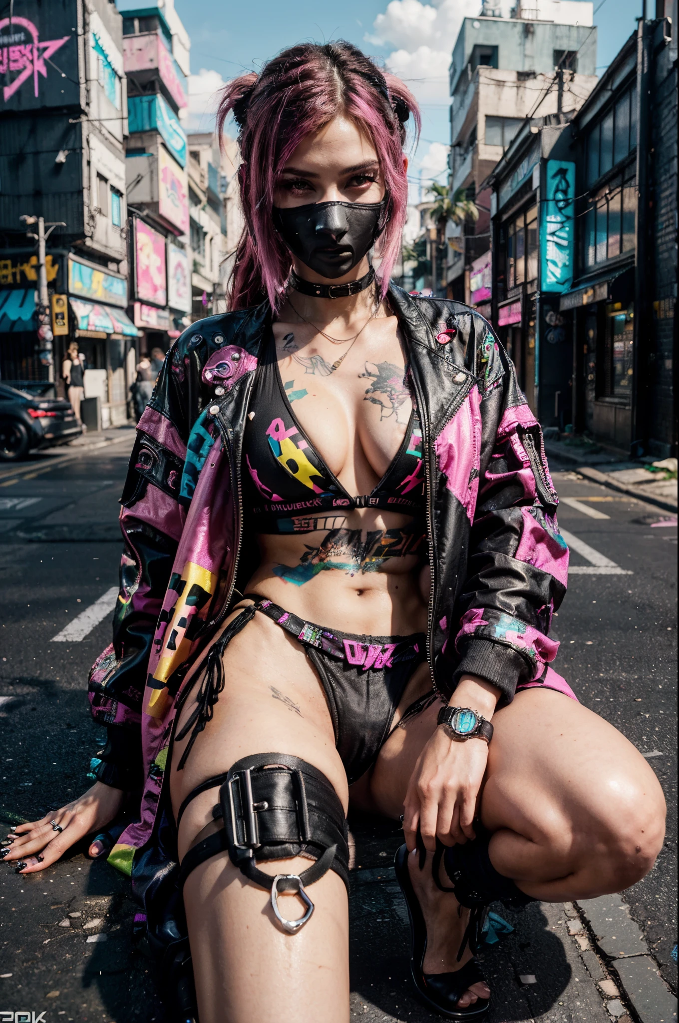 a woman in a pink bikini and black jacket sitting on the street, cyberpunk art style, cyberpunk 2 0 y. o model girl, hyper-realistic cyberpunk style, cyberpunk vibes, cyberpunk style ， hyperrealistic, cyberpunk beautiful girl, cyberpunk art ultrarealistic 8k, cyberpunk girl, cyberpunk art, female cyberpunk anime girl, in cyberpunk style, cyberpunk judy alvarez