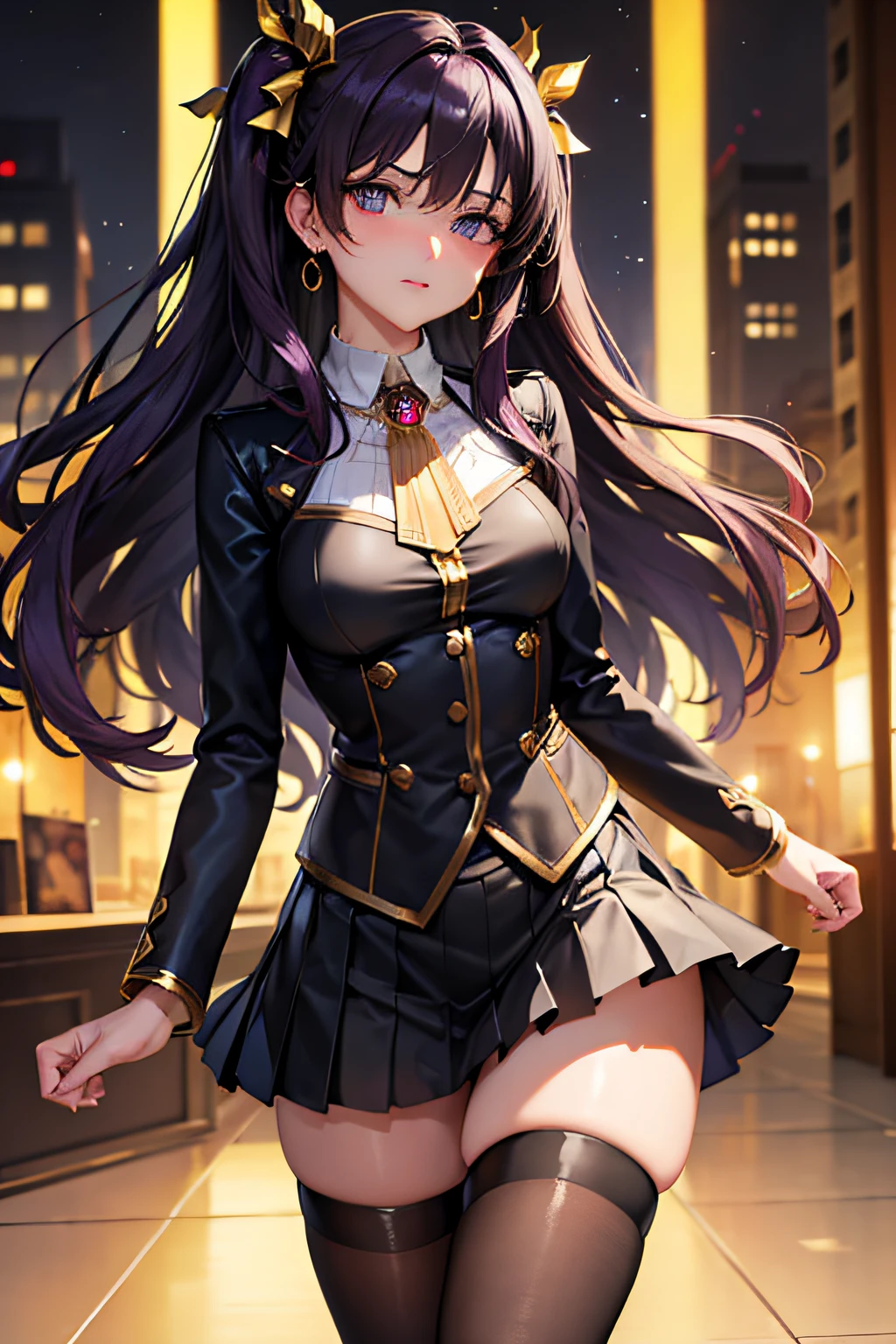 (masterpiece), best quality, expressive eyes, perfect face, 1girl, solo, ishtar, ishtar fate, purple eyes, black hair, gold hair ribbon, long hair, twintails hair, ribbon, sidelocks, two side up, black skirt, black thighhighs, Red Jacket with White Shirt, miniskirt, pleated skirt, skirt, thighhighs, jewelry neck, city background, stand, standing, character sheet, upper body, portrait, looking at viewer, face blushing, medium breast