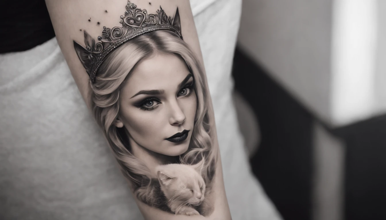 Black and white tattoo with princess, crown and cat and unicorn. Blonde, skinny. Brown a white and black cat.