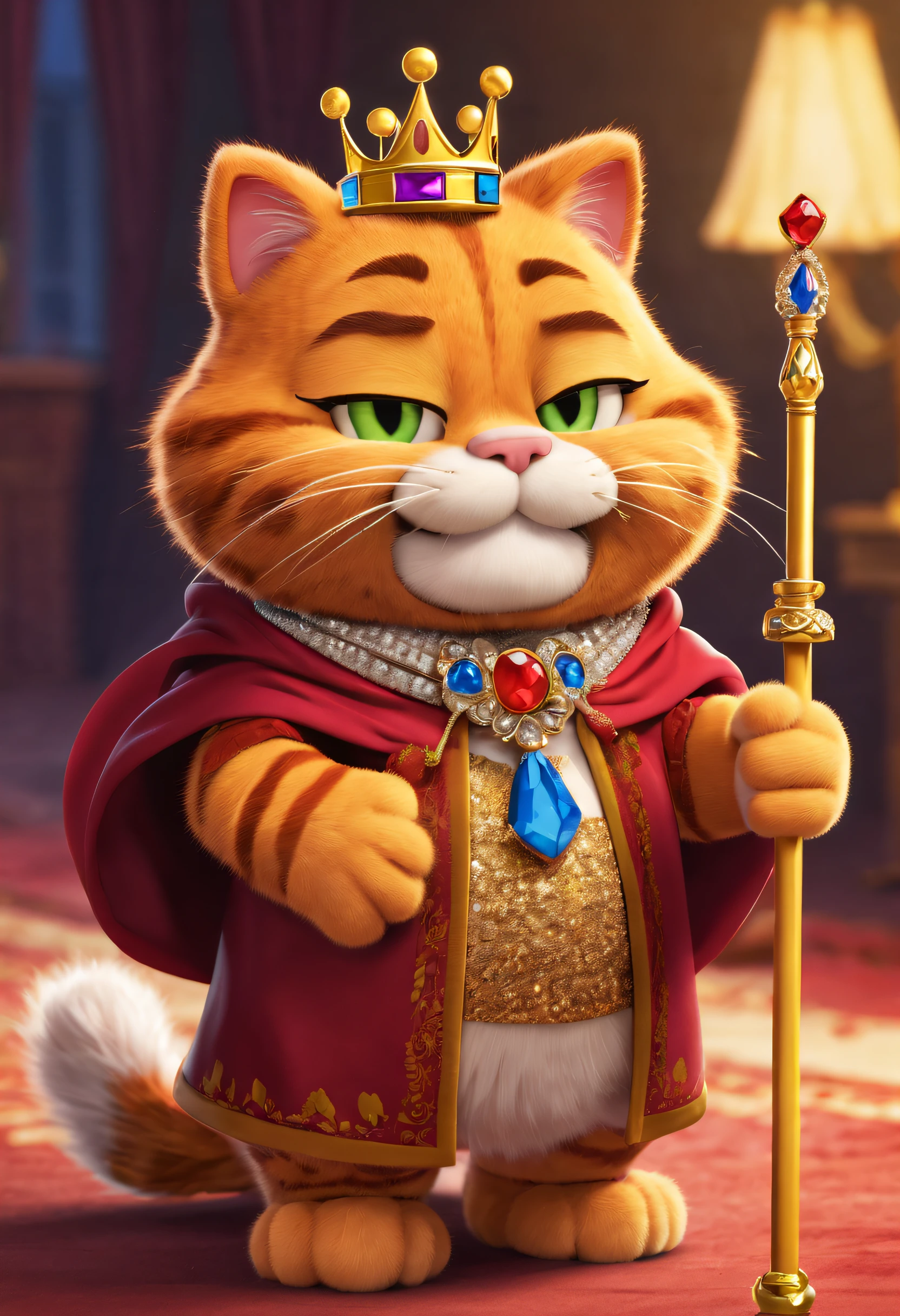 Garfield: 1.3,dress up as king,tiara crown,Cloak,jewely,crutch,smile in surprise