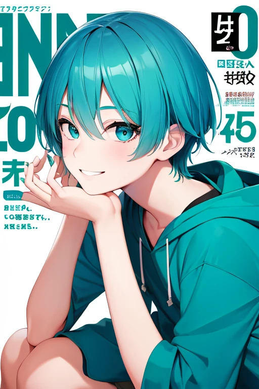 (1 boy), 独奏,teal theme,looking at the viewers,portlate,from side,big blue green hoodie,(Happy smile),Background is magazine cover,piece sign,Solo, Blue-green hair,Blue eyes,Portrait, hands on own face, hands on own cheeks,(Eyes that shine like jewels),(long eyeslashes)