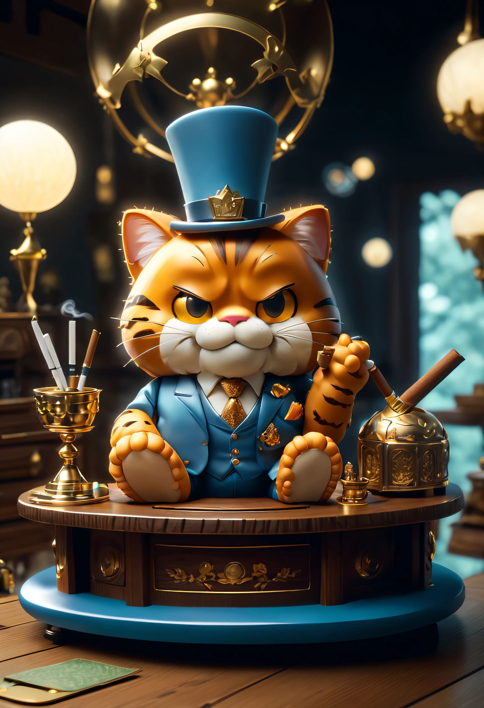 (tmasterpiece),(ultra - detailed:1.3),Best quality at best,(Sparkling:1.2),(Garfield's Cartoon World),((Cute Garfield: 1.5、Sitting in the CEO's office、Smoking,oak table、Brass decoration、papers、Bespoke suits、tiese、cigars、smog、Wooden furniture、tact、self-assured)),(the moon is empty),natta,sky sky,moon full,without humans,fantasy magic style, and other decorations, The world of dreams, Cute cartoon design style, Bubble Mart, vivd colour,bright,1.4x more realism,hyper HD,Everything is displayed in this beautiful scene,(The content is very detailed,Reasonable design,Clear lines,High- sharpness,tmasterpiece,offcial art,movie light effect,8K)