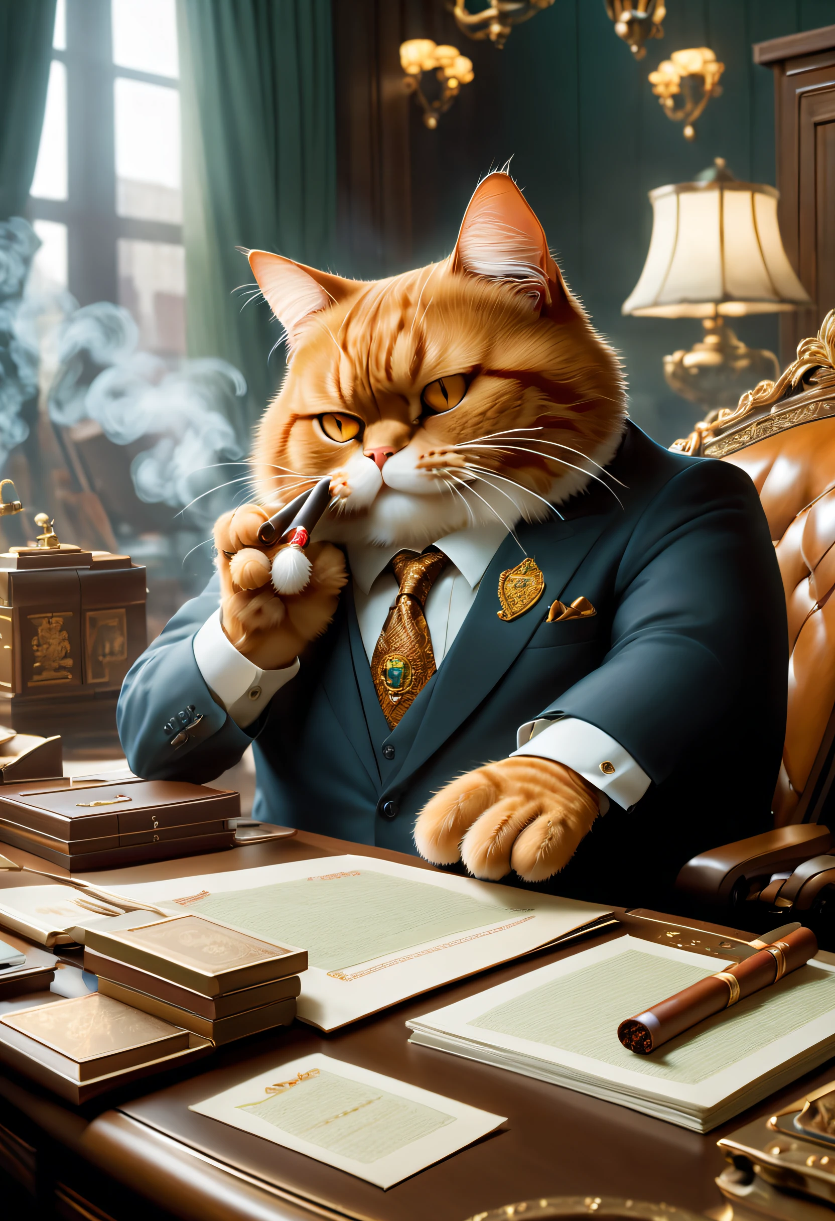 Mafia orange cat smoking a cigar sitting at the bar,