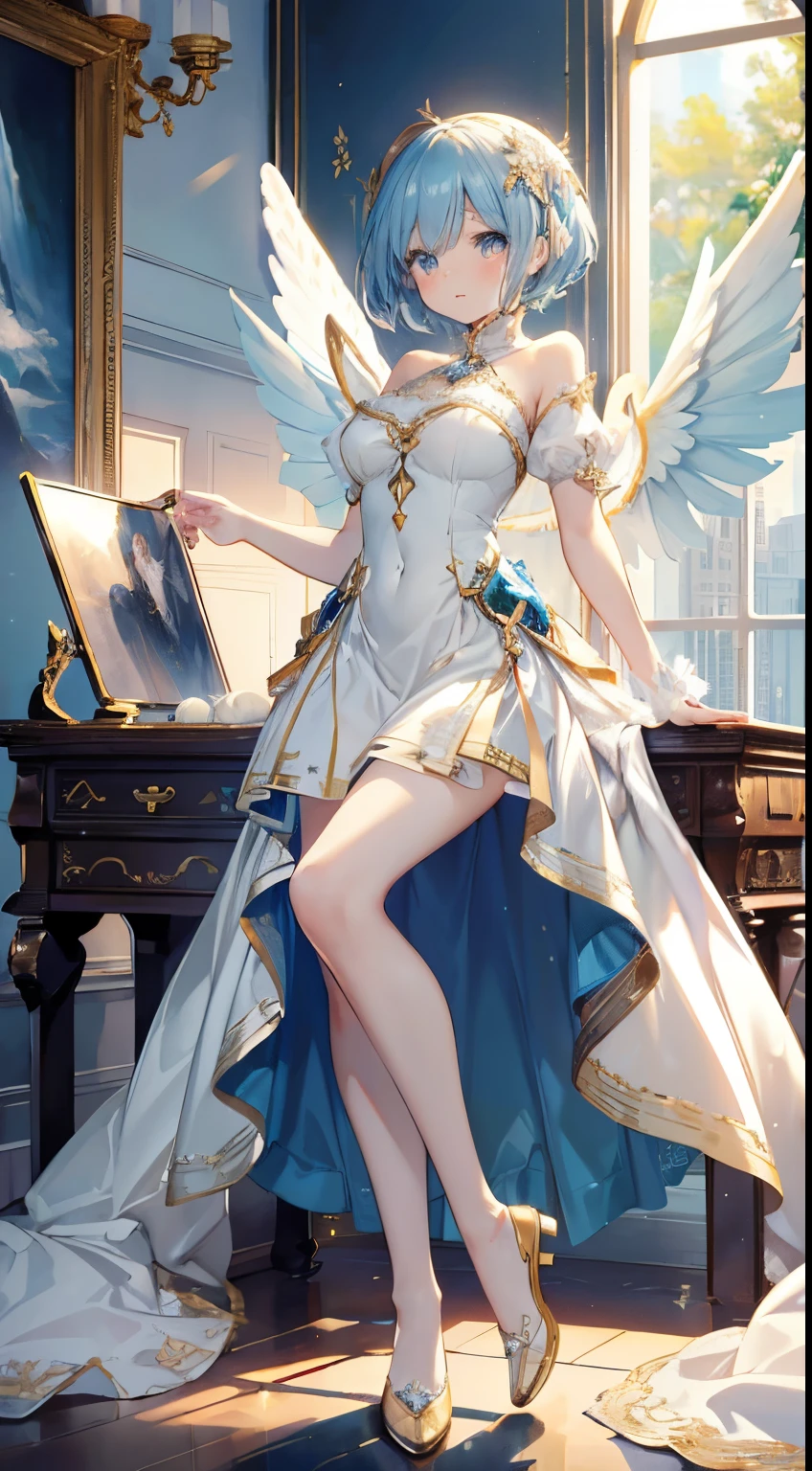 extra detailed face, Perfect Lighting, extremely details CG, (Perfect hands, Perfect Anatomy)、Ultra-realistic photo of a girl in a majestic white and golden ball gown dress, Big beautiful dress, Complex puffy ball gown with lots of frills and rhinestones (Best Quality, masutepiece, ((Angel wings:1.2))。 art  stations, Fantasy Art:1.2), Palace rooms, Beautiful cute girl, Rem of Rezero、(Blue shorthair:1.3), Bangs hide one eye、(Complex short gold skirt, Bare legs:1.2, Full body shot)、very Bigger breasts、White panties、Skirt flipping in the wind