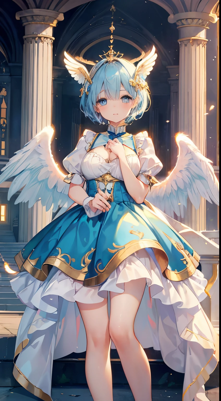 Ultra-realistic photo of a girl in a majestic white and golden ball gown dress, Big beautiful dress, Complex puffy ball gown with lots of frills and rhinestones (Best Quality, masutepiece, ((Angel wings:1.2))。 art  stations, Fantasy Art:1.2), Palace rooms, Beautiful cute girl, Rem of Rezero、(Blue shorthair:1.3), Bangs hide one eye、(Complex short gold skirt, Bare legs:1.2, Full body shot)、very Bigger breasts、Height 150cm、beautidful eyes、A detailed eye、