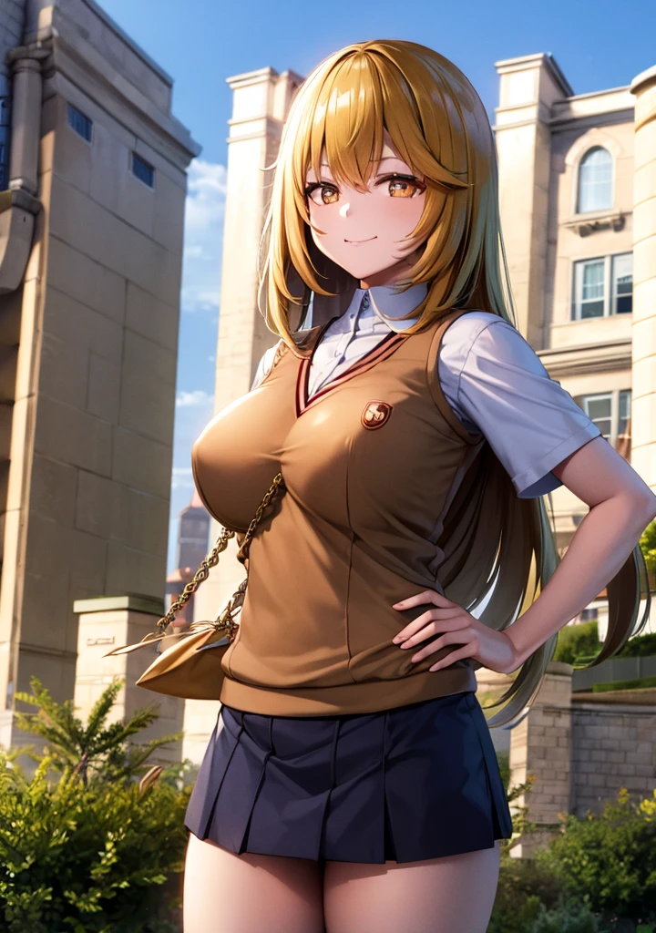 masterpiece、top-quality、Hi-Res、hmmisaki、Long、Symbol-type pupil、+_+、huge tit、Tokiwadai School Uniform、Sweater Vest、shortsleeves、White handbags、elbowgloves、pleatedskirt、White Niso、、cowboy shot、is standing、a smile、outside of house、Flipping up a skirt