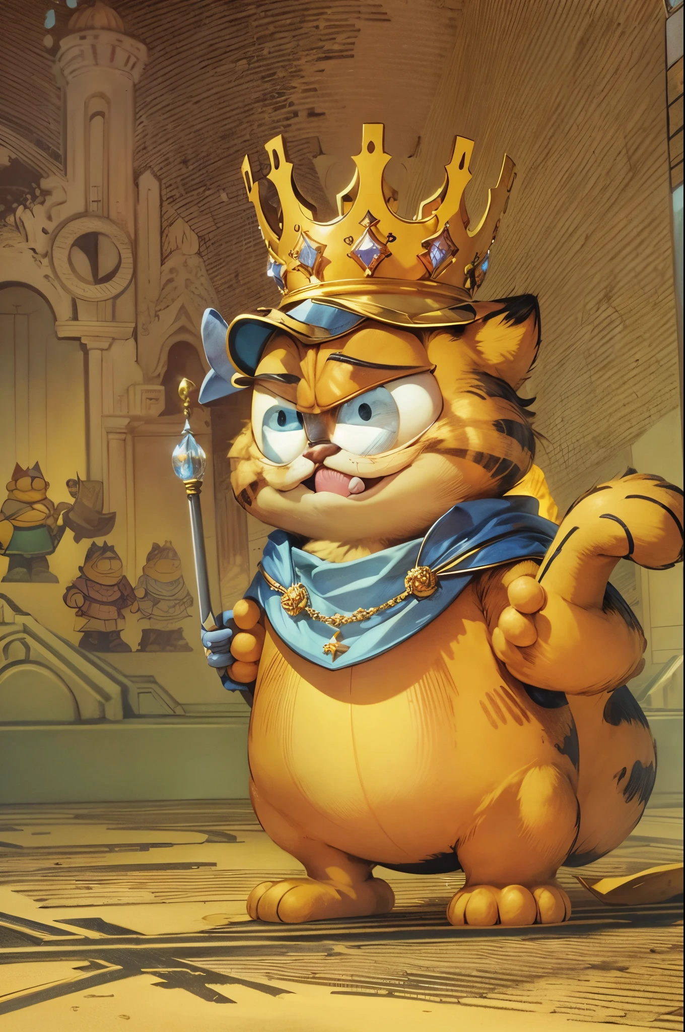 (tmasterpiece),（ultra - detailed: 1.3），Best quality at best，（Sparkling: 1.2），Garfield&#39;s Kingdom，((Orange Garfield: 1.3, Dressed as a king, crown, cloak, jewelry, cane, surprised and confused expression)),（the moon is empty)，royal palace，moon full，without humans，Fantasy medieval style, and other decorations, The world of dreams, Cute cartoon design style, Bubble Mart, vivd colour，bright，1.4x more realism，hyper HD，Everything is displayed in this beautiful scene，(The content is very detailed，Reasonable design，Clear lines，High- sharpness，tmasterpiece，offcial art，movie light effect，8K),