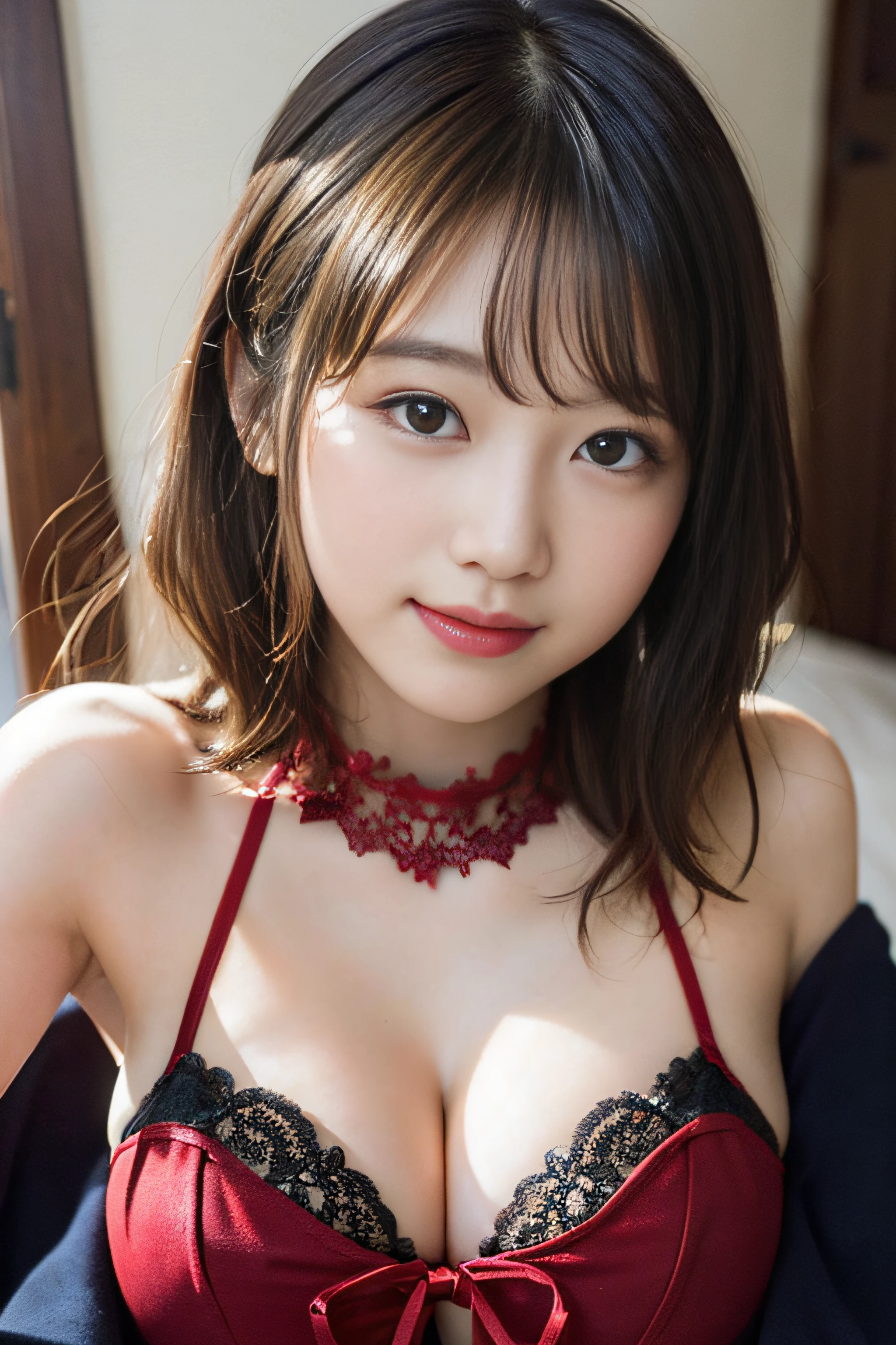 (8K、Raw photography、top-quality、masterpiece:1.2)、(realisitic、Photorealsitic:1.37)、ultra-detailliert、超A high resolution、1人、see the beholder、beautifull detailed face、A smile、Constriction、(Slim waist) :1.3)、Beautiful detailed skin、Skin Texture、Floating hair、Professional Lighting、Whole human body、Floral lace underwear、cleavage of the breast、childs room、a bed、Suppin、Bob Style Hairstyles、Braided hairstyle、E-cup、Happy smile、sixteen years old、Red ribbons、Constriction of the lower back、lace choker、Poses that emphasize breasts、The forehead is visible